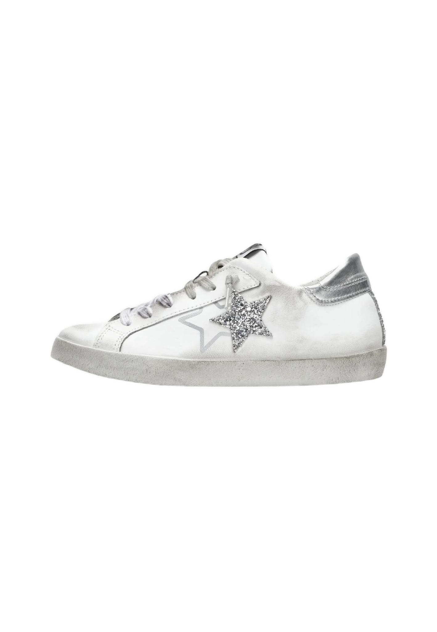 Sneakers Low In Pelle Bianca Con Dettagli Glitter Argento