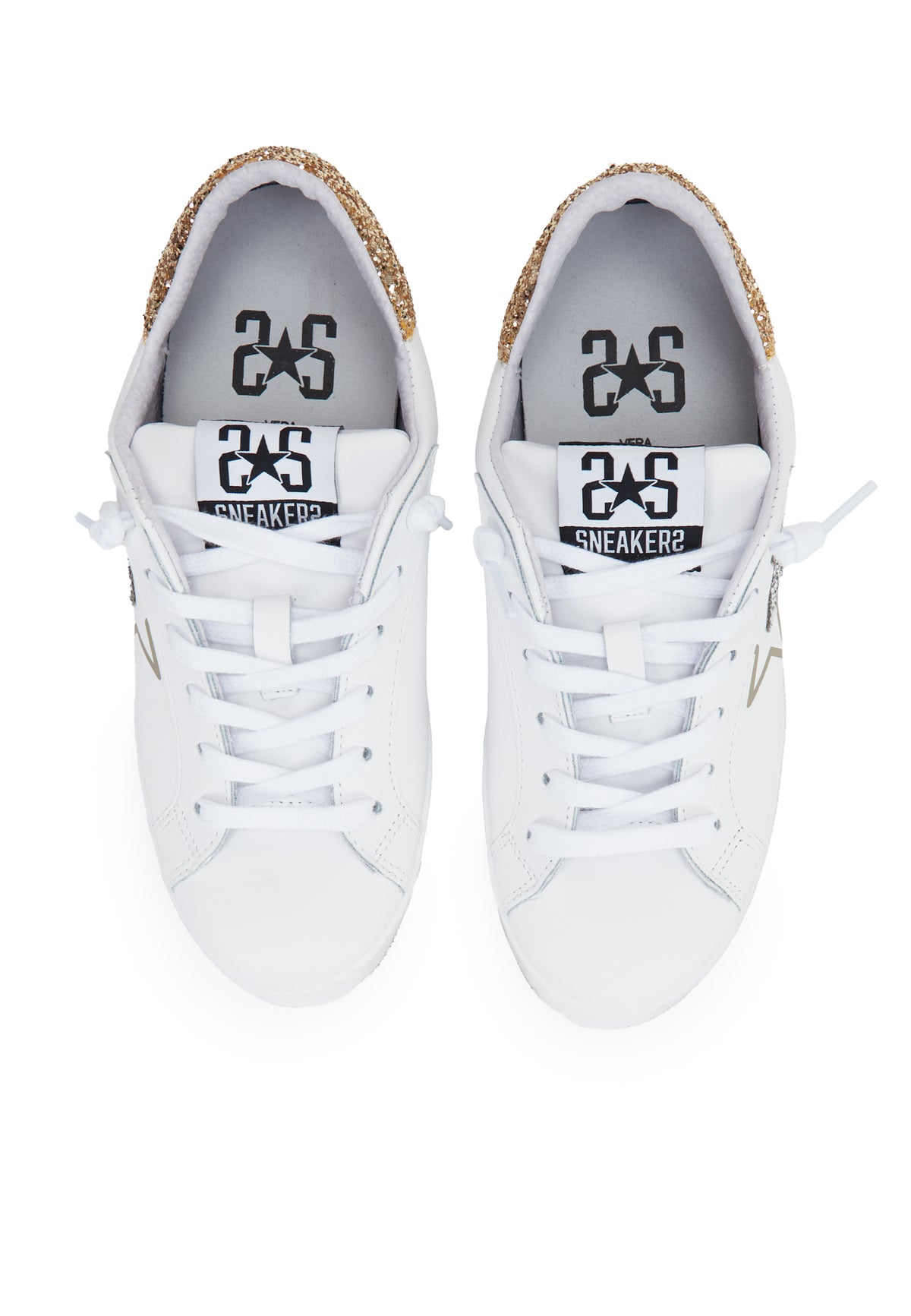 Sneaker prime star in pelle bianca con dettagli in pelle bianca con dettagli in glitter dorato e argentato