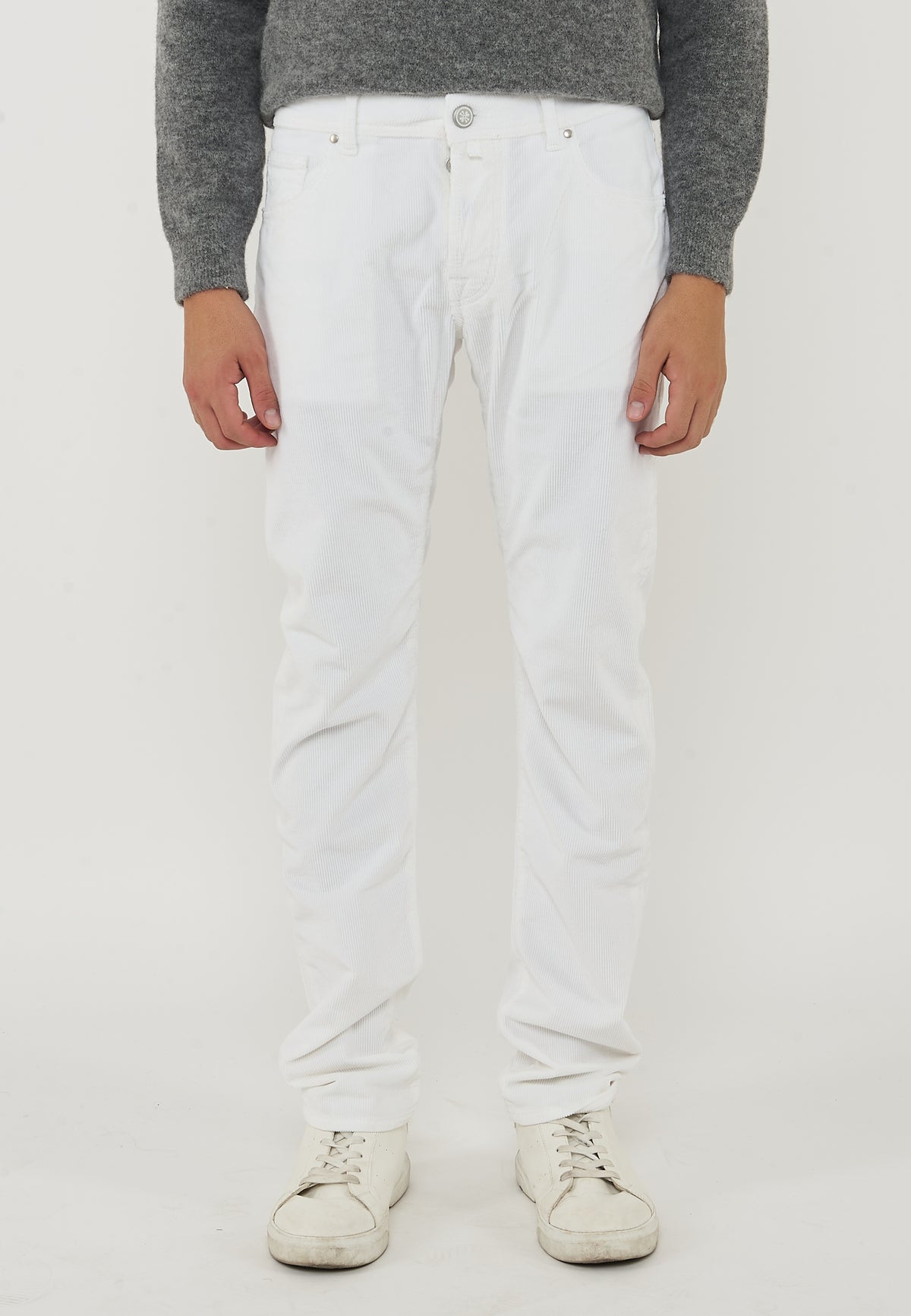 Pantaloni 5 Tasche Nick In Velluto a Coste Stretch Di Cotone Optical White