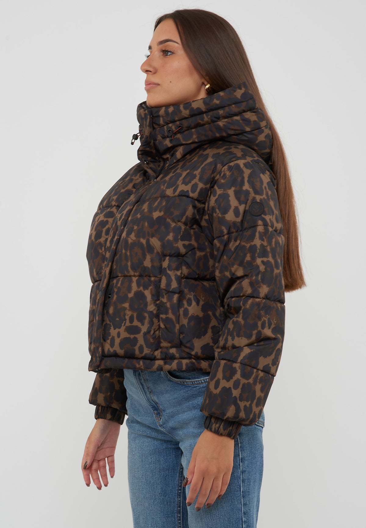 Piumino Corto Donna Rhiannon Leopardo Marrone Scuro