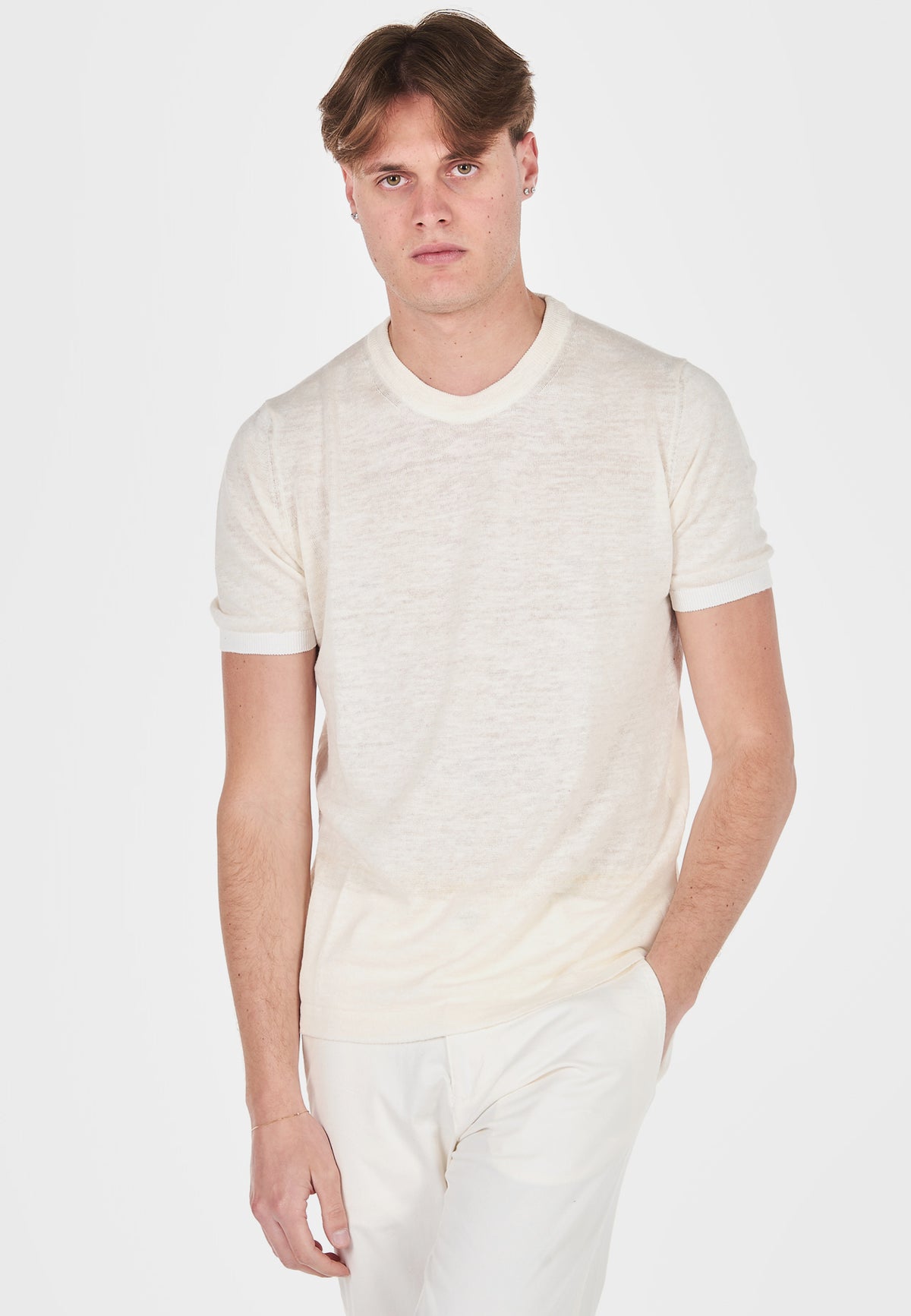 Short Sleeve Linen-Blend Crew Neck Jumper