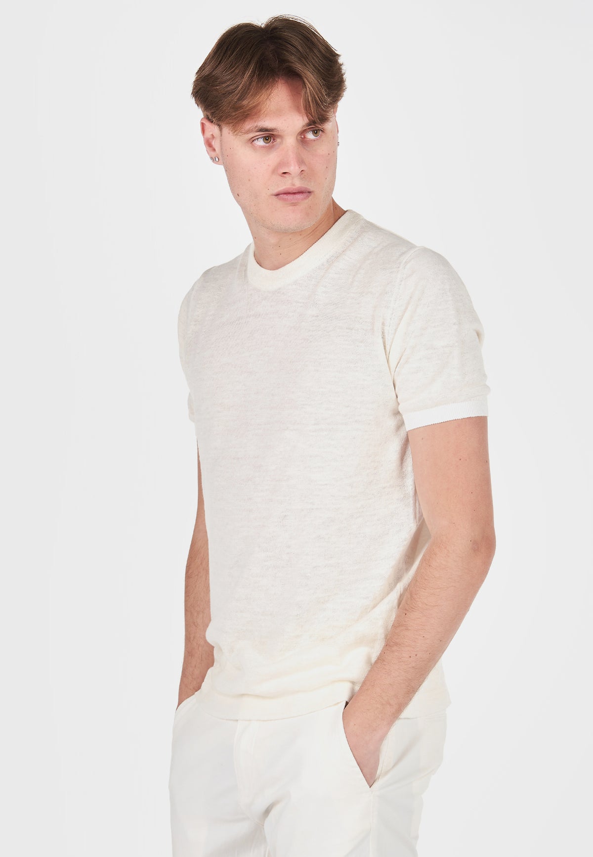 Short Sleeve Linen-Blend Crew Neck Jumper