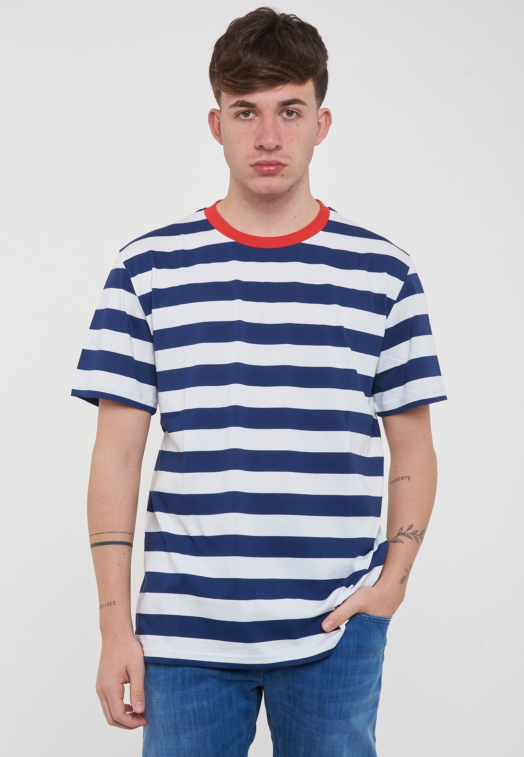T-Shirt Uomo A Righe Bianco Blu