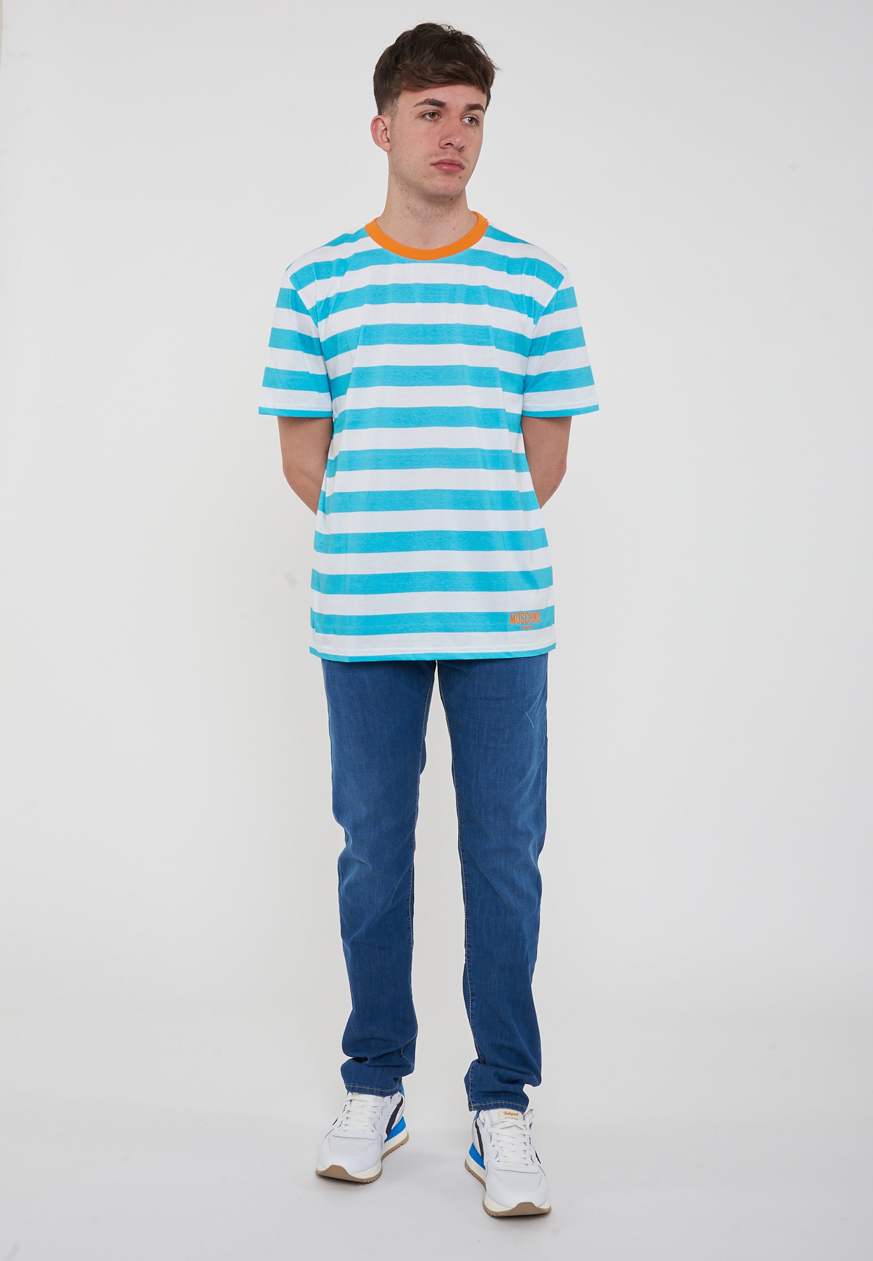T-Shirt Uomo A Righe Bianco Azzurro