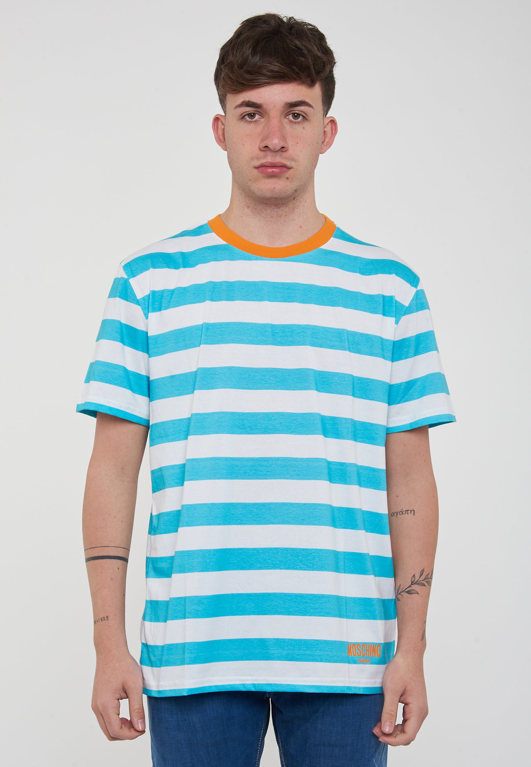 T-Shirt Uomo A Righe Bianco Azzurro