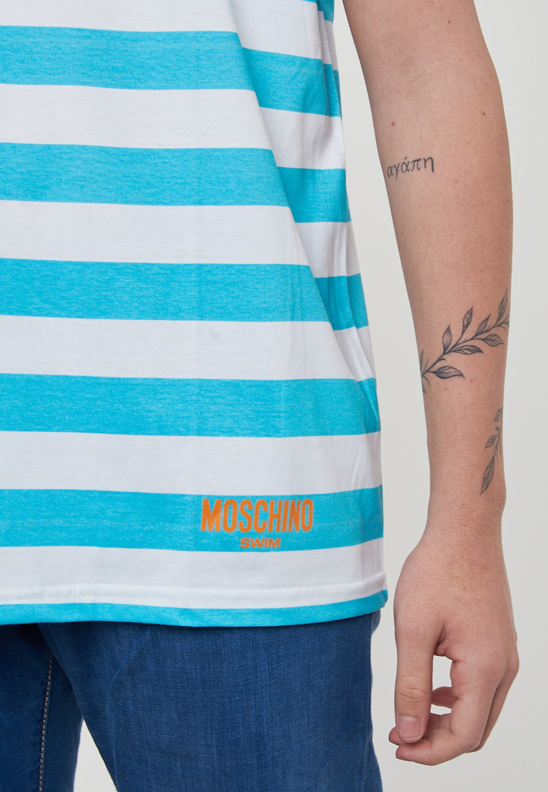 T-Shirt Uomo A Righe Bianco Azzurro