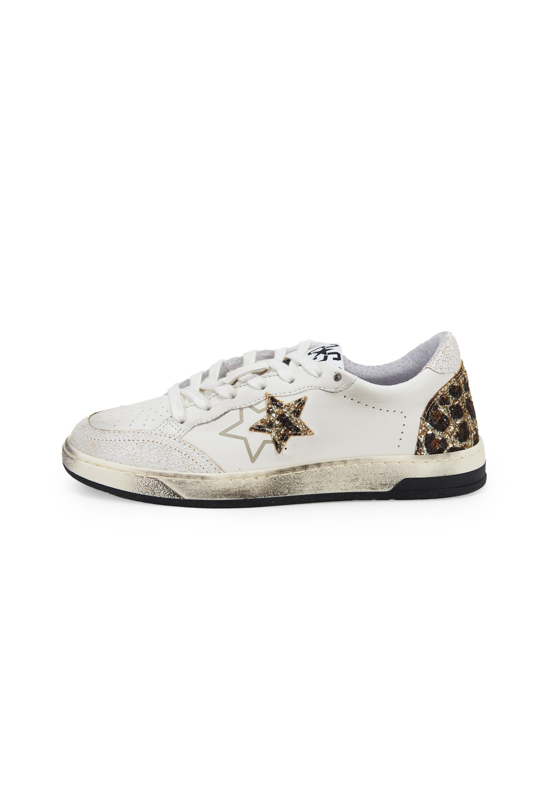 Sneaker week star in pelle bianca con dettagli glitterr leopardati ed effetto used