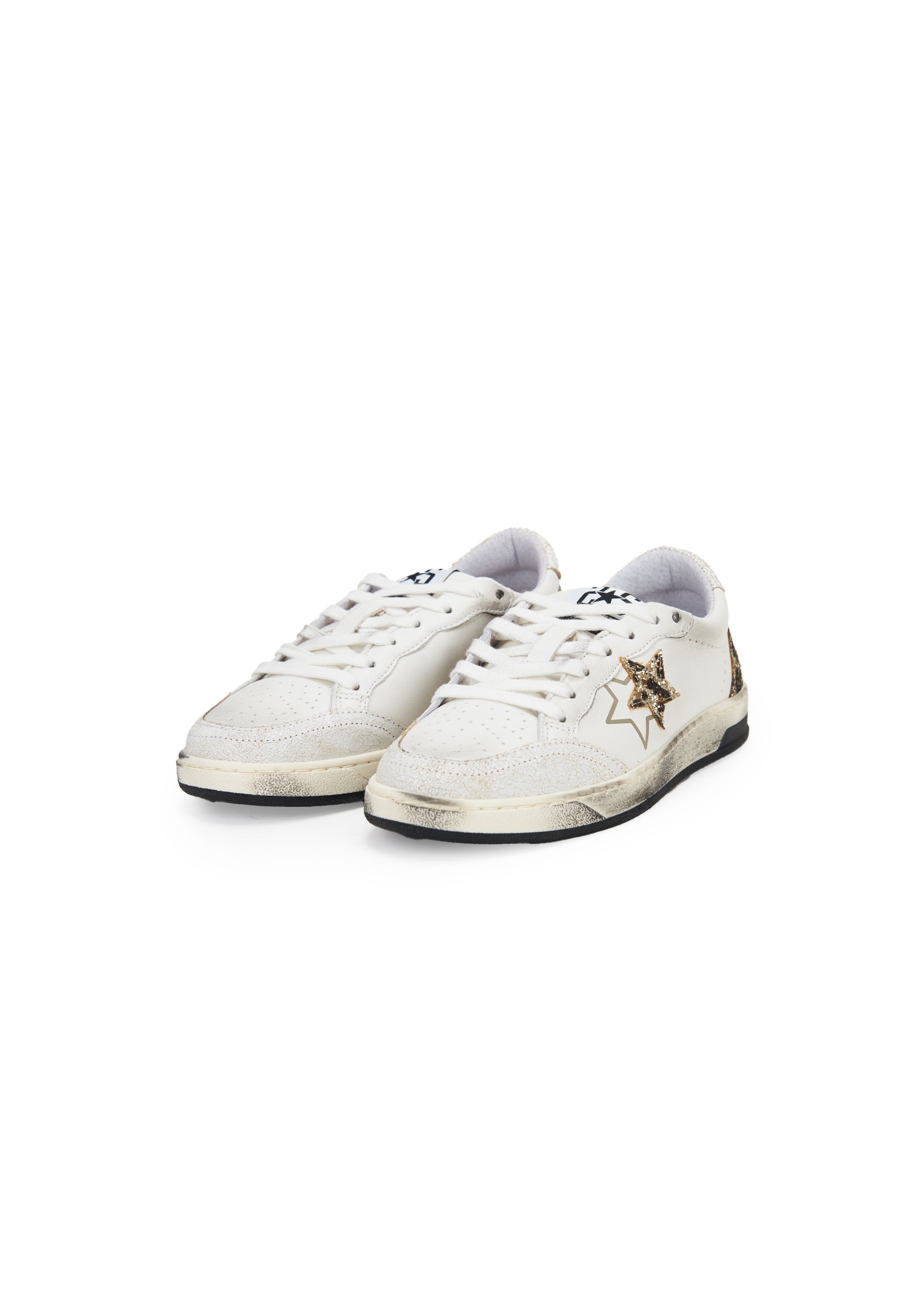 Sneaker week star in pelle bianca con dettagli glitterr leopardati ed effetto used