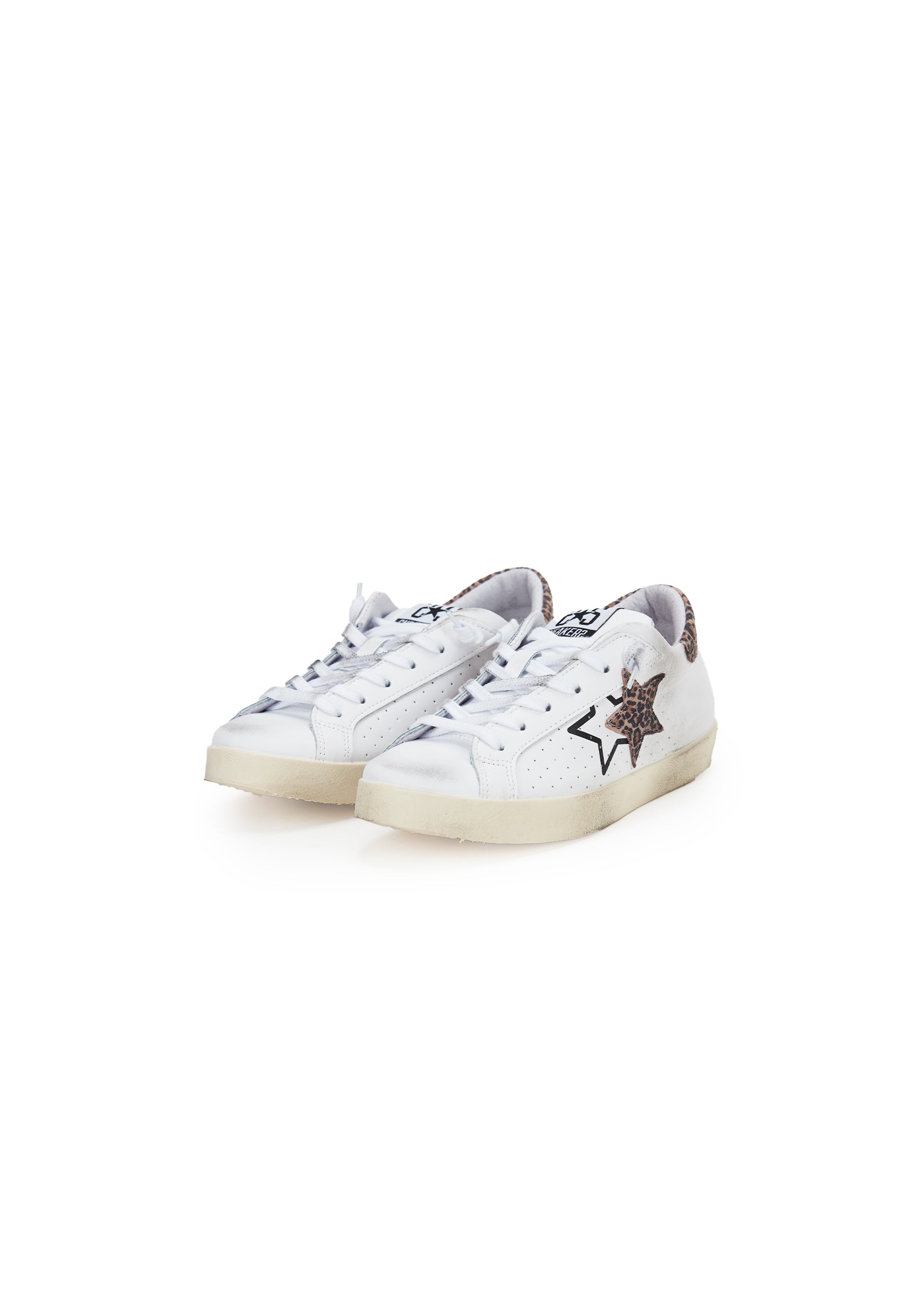Sneaker prime star in pelle bianca con dettagli in pelle con dettagli in crosta leopardata ed effeto used