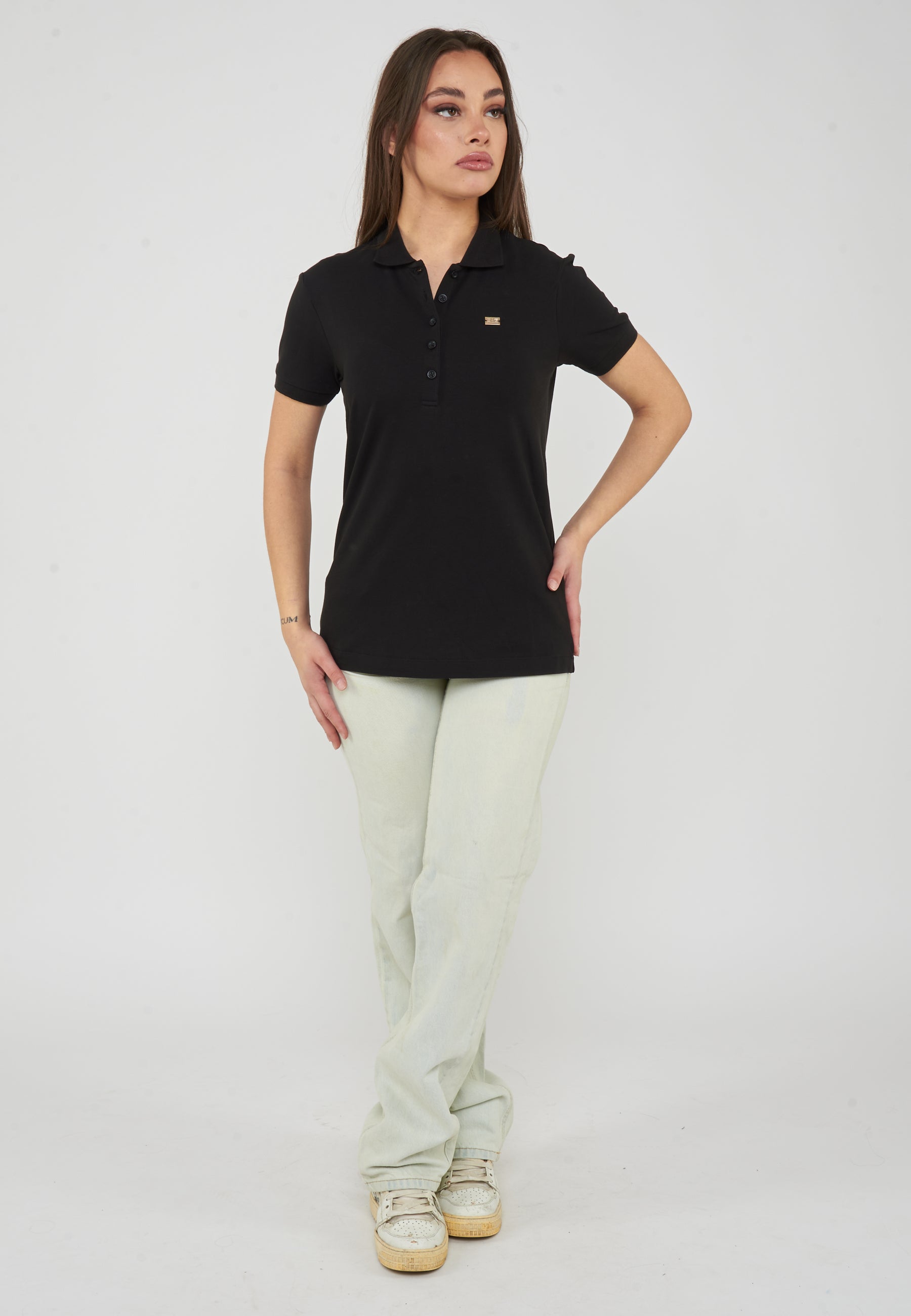 Polo jersey di cotone stretch con logo in metallo Core Lady Black