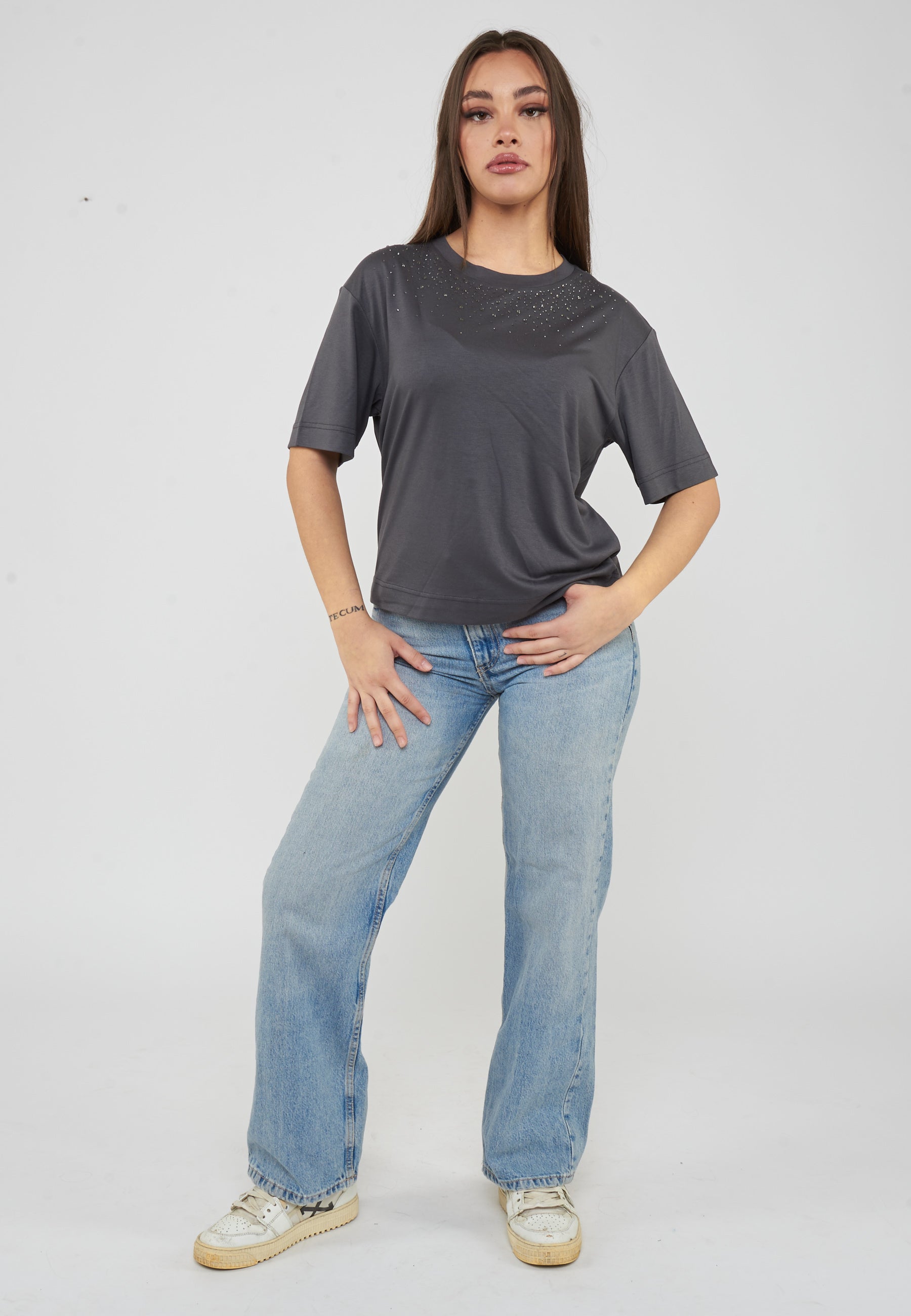 T-shirt Precious in misto viscosa Gray Pinstripe