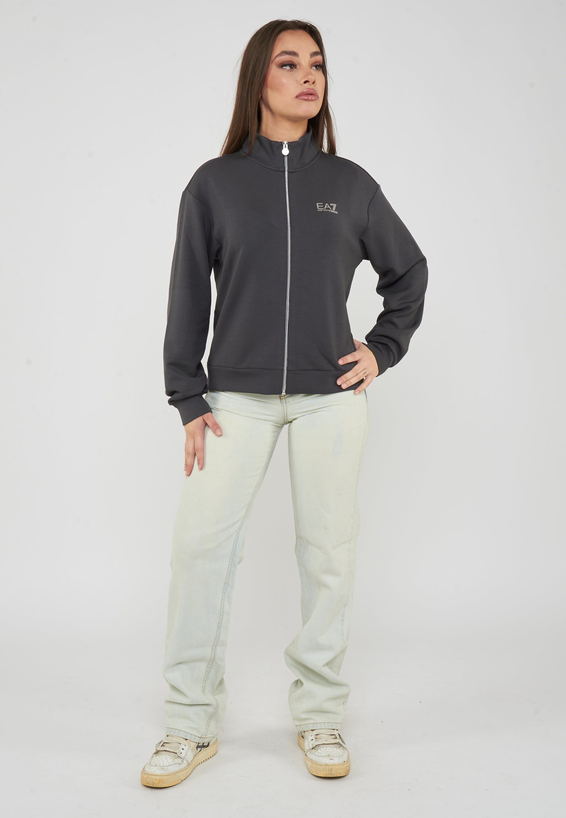Felpa regular fit con chiusura a zip intera gray pinstripe