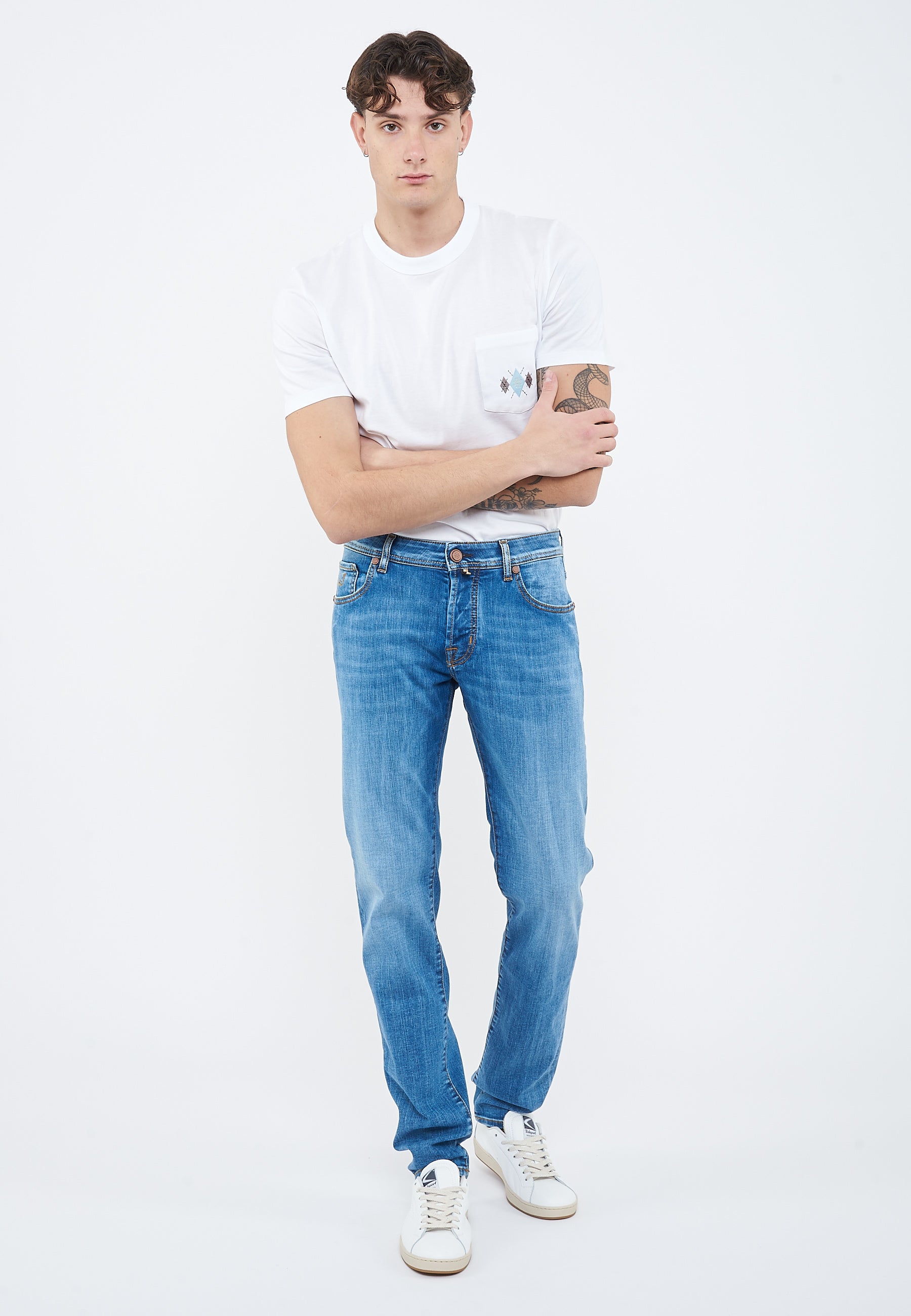 Jeans 5 tasche Nick slim in denim super stretch blu chiaro lavaggio rinse