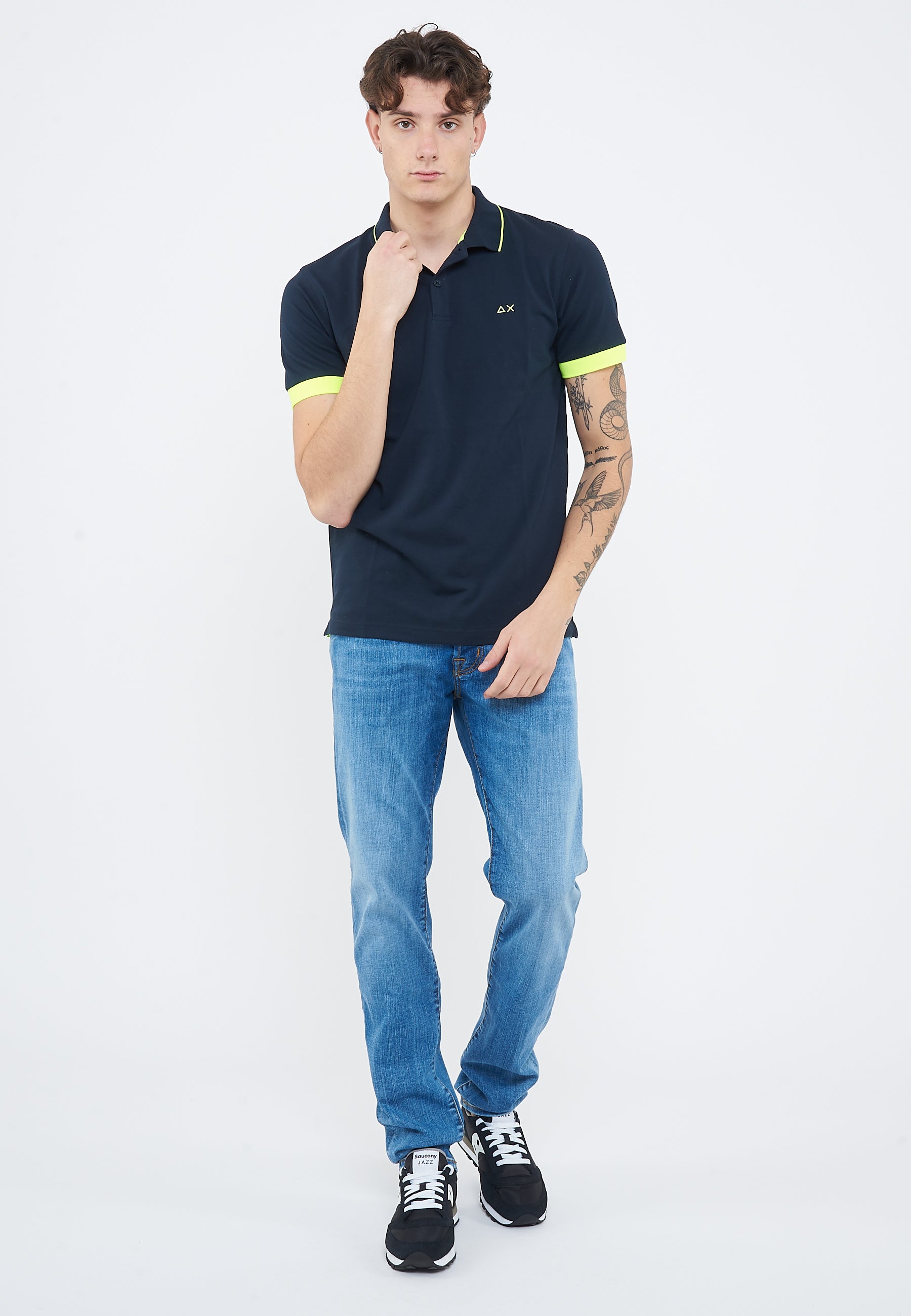 Polo con bordi fluo in cotone navy blue