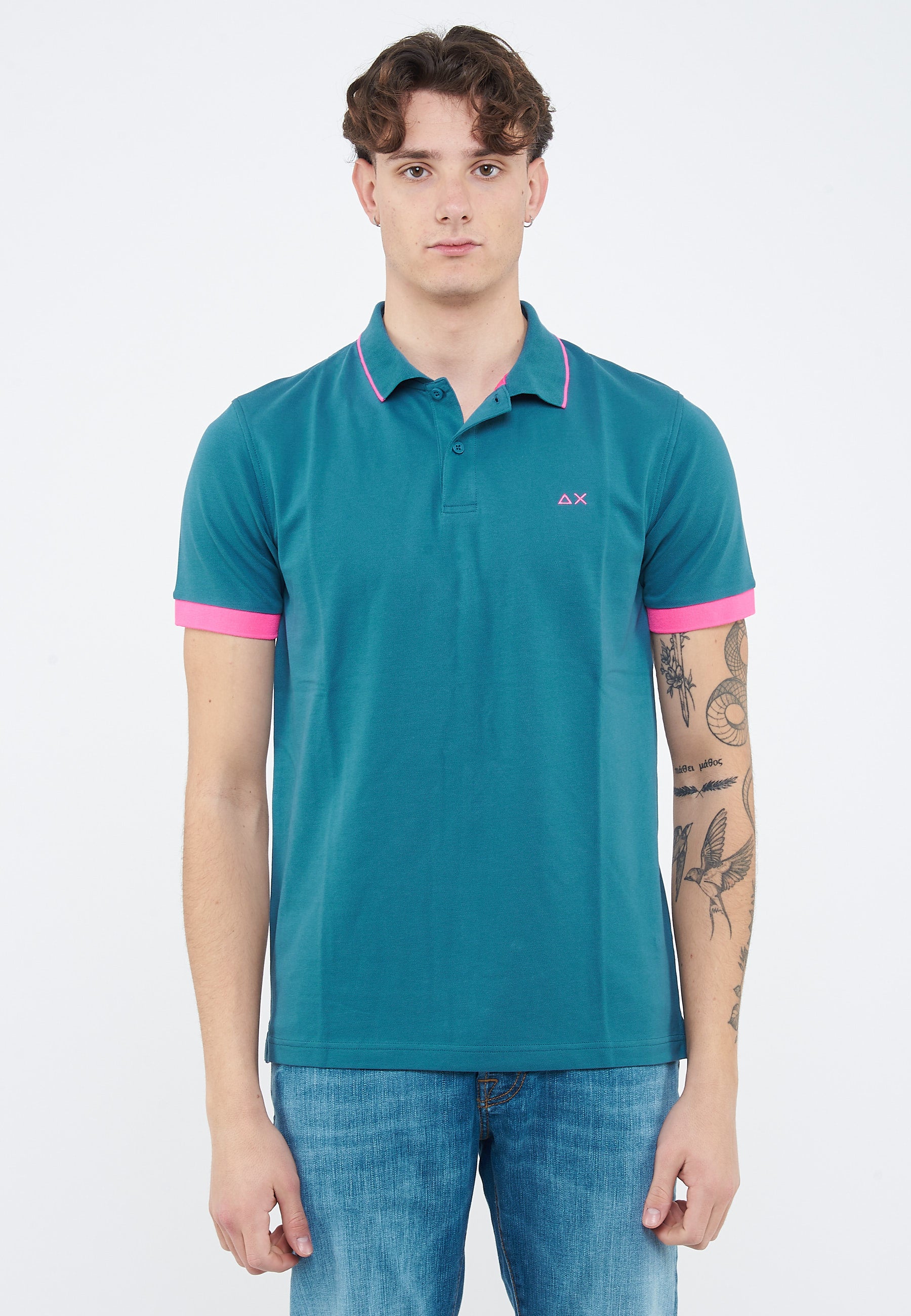 Polo con bordi fluo in cotone avio scuro