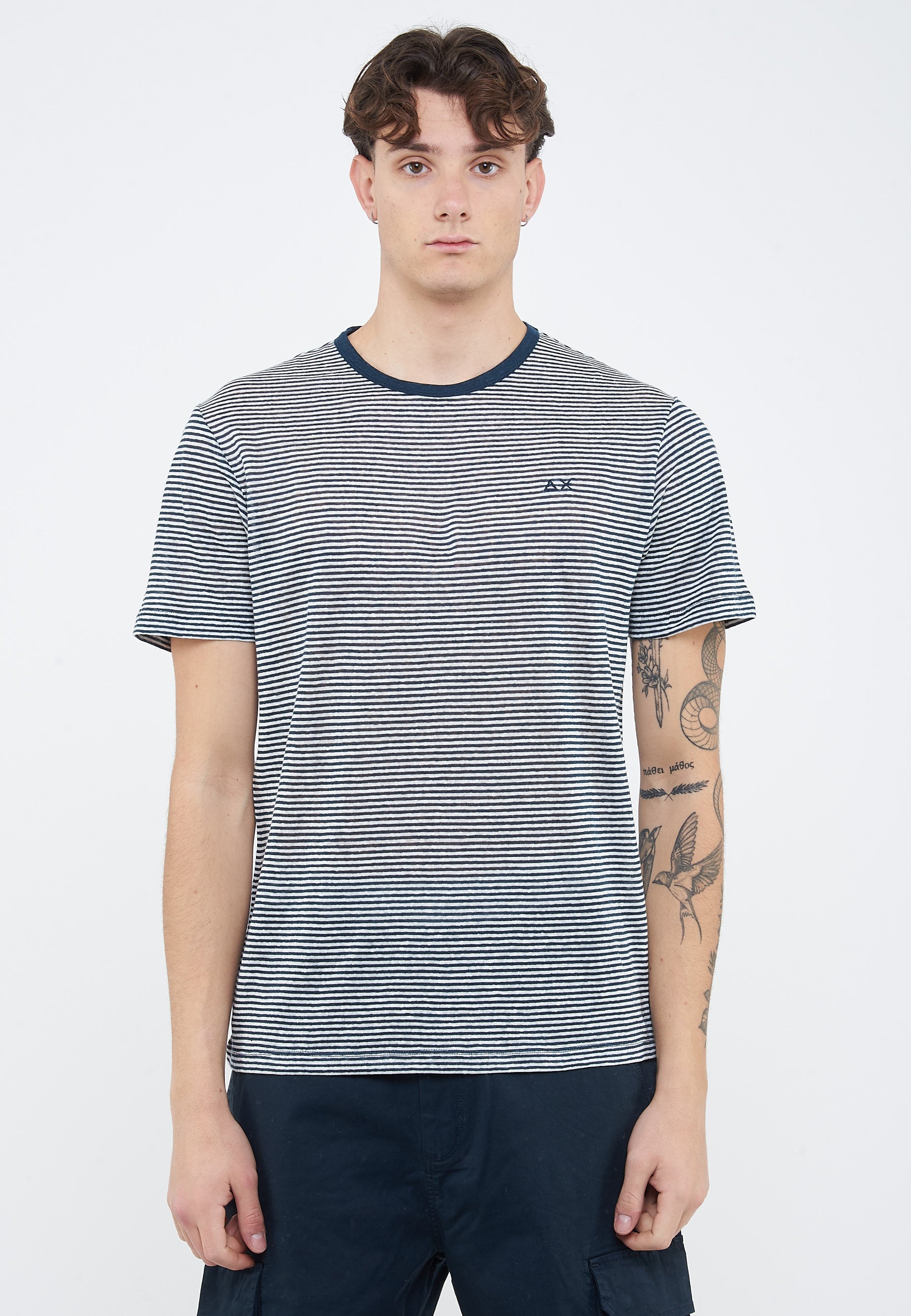 T-shirt in jersey di lino navy blue bianco panna