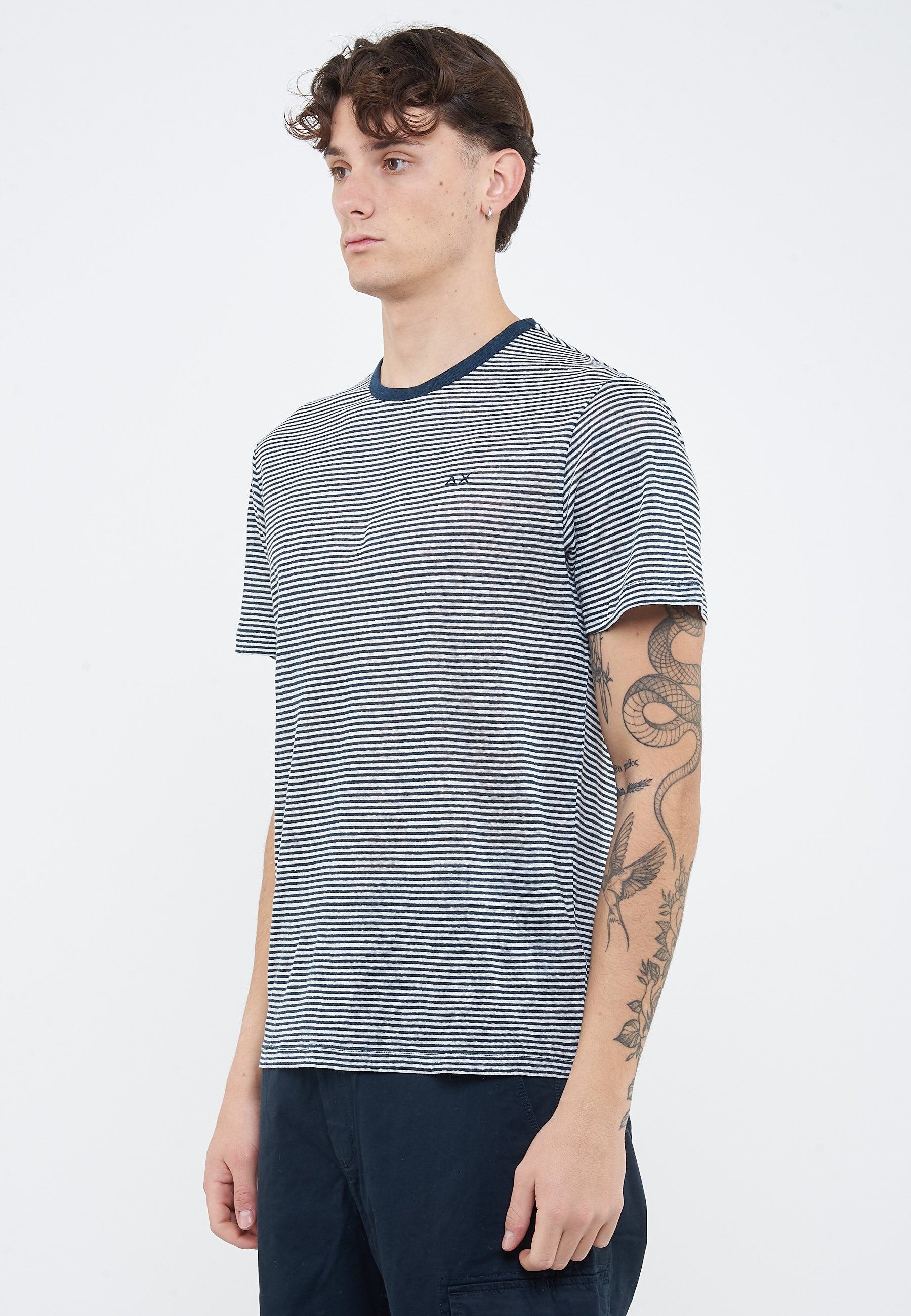 T-shirt in jersey di lino navy blue bianco panna