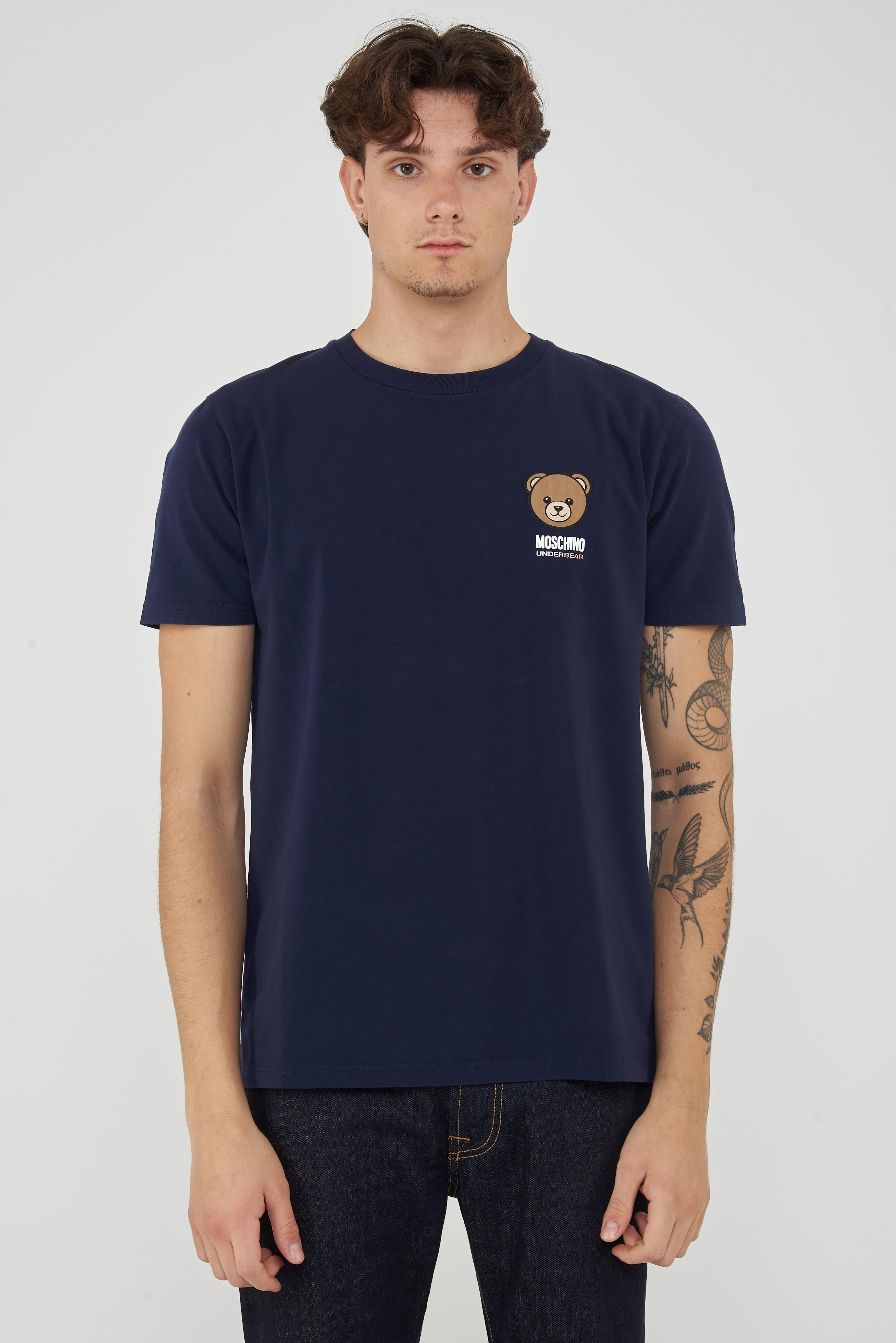 T-Shirt Uomo Tinta Unita Con Logo Bear In Rilevo Blue