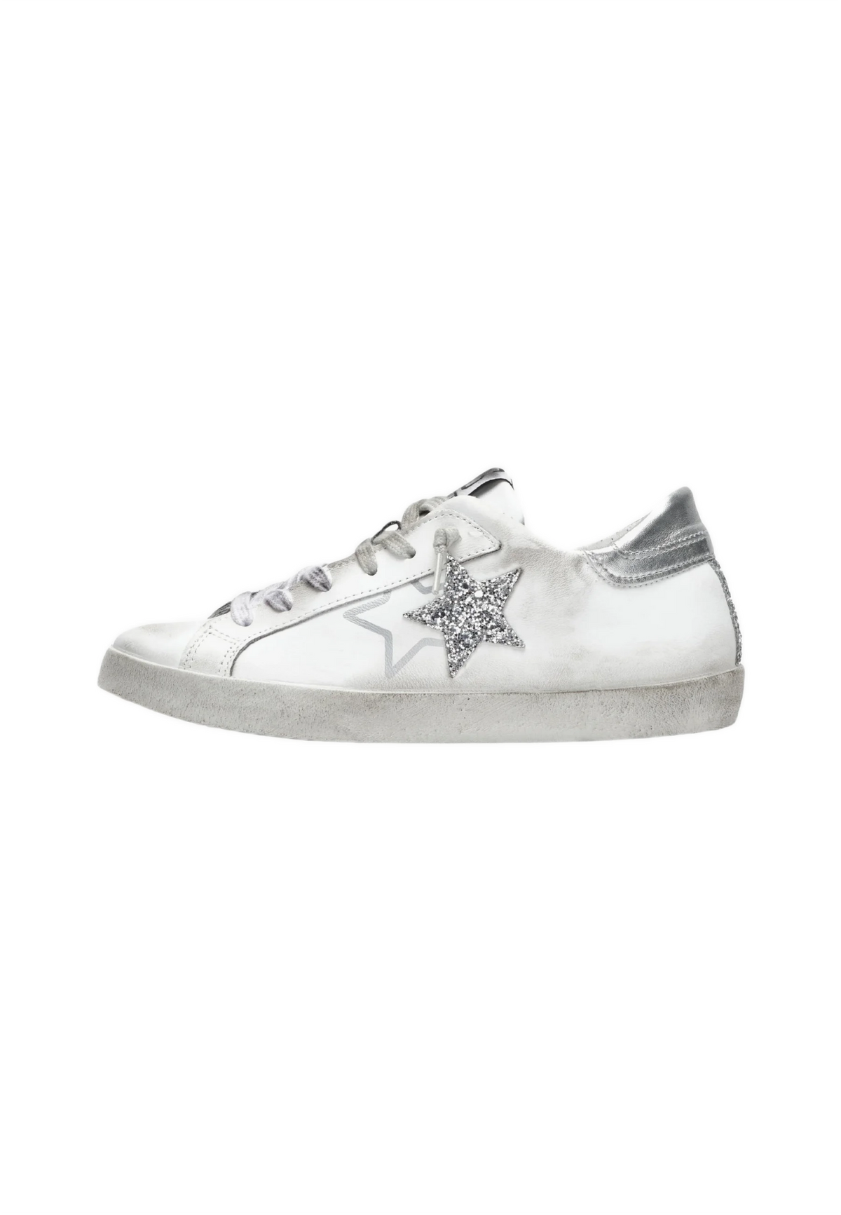 Sneakers Low In Pelle Bianca Con Dettagli Glitter Argento 
