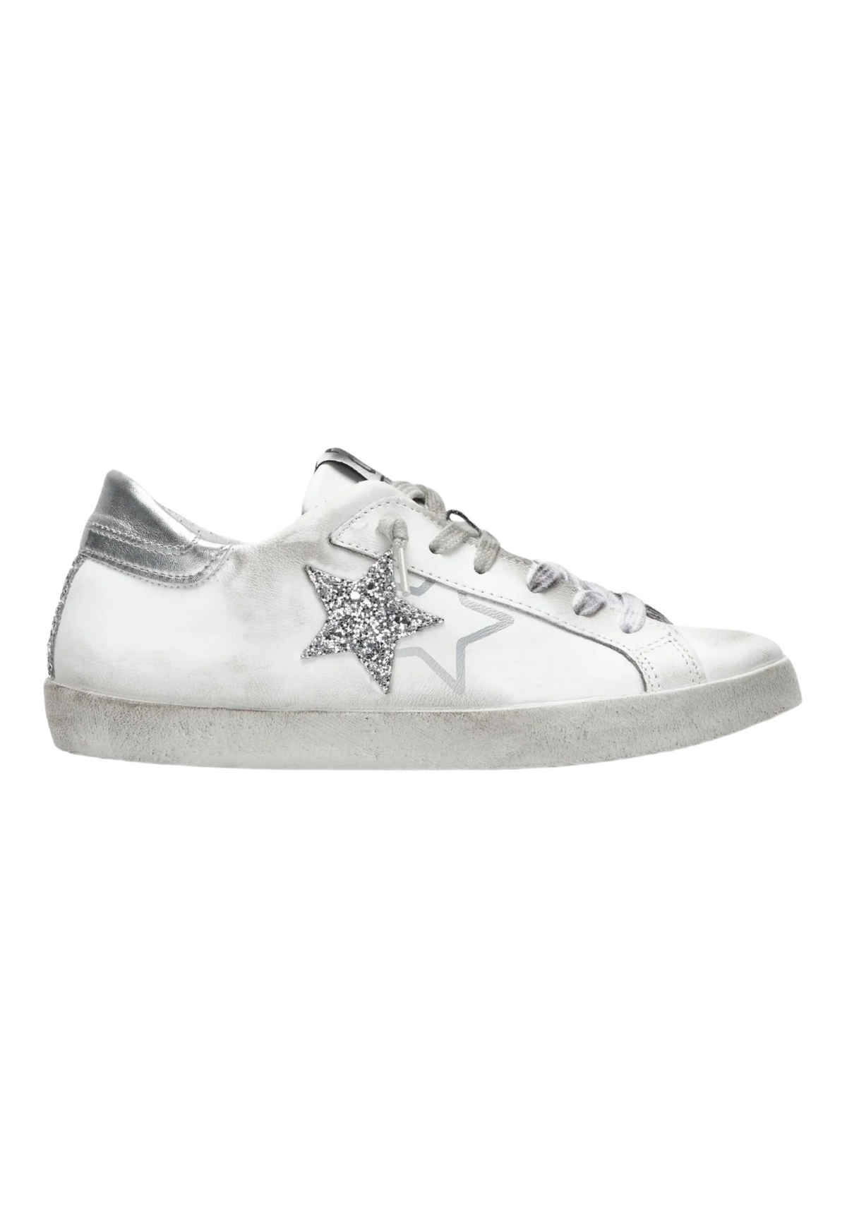 Sneakers Low In Pelle Bianca Con Dettagli Glitter Argento 