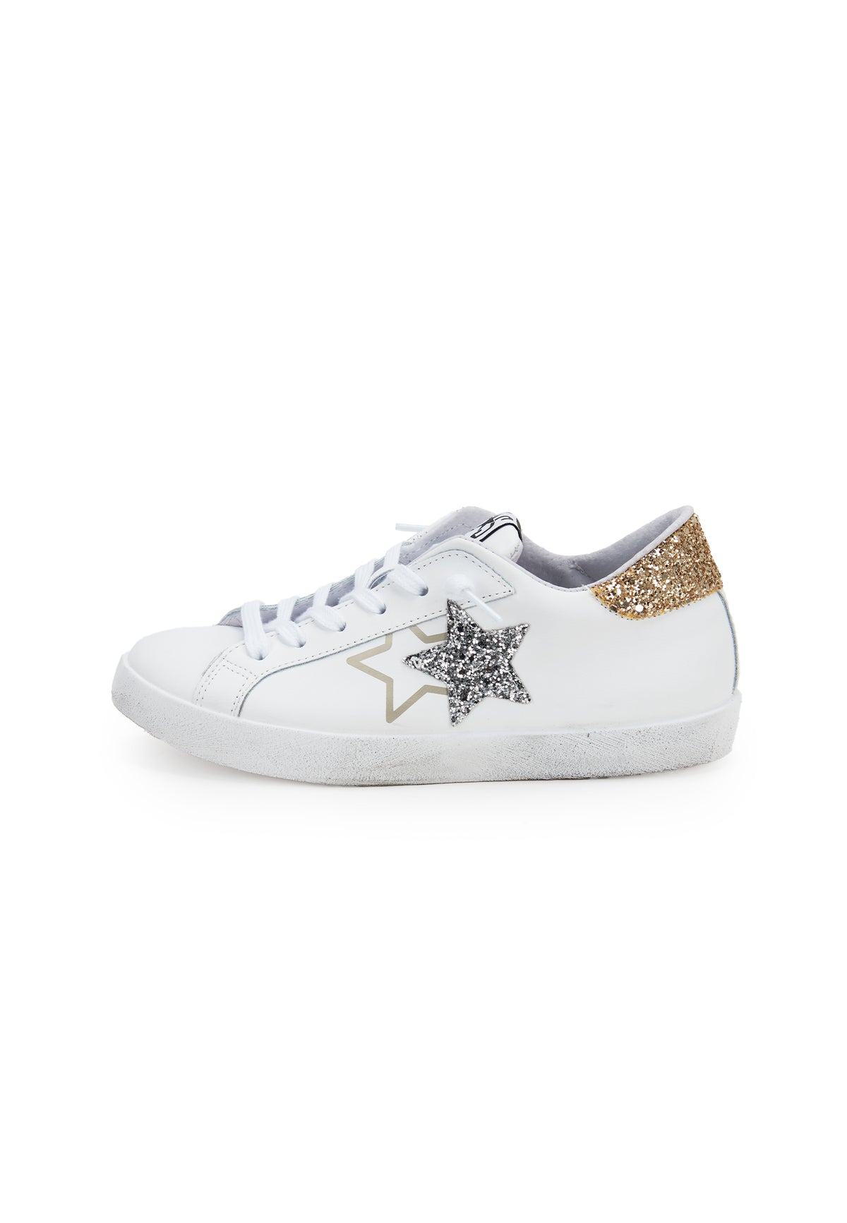 Sneaker prime star in pelle bianca con dettagli in pelle bianca con dettagli in glitter dorato e argentato 