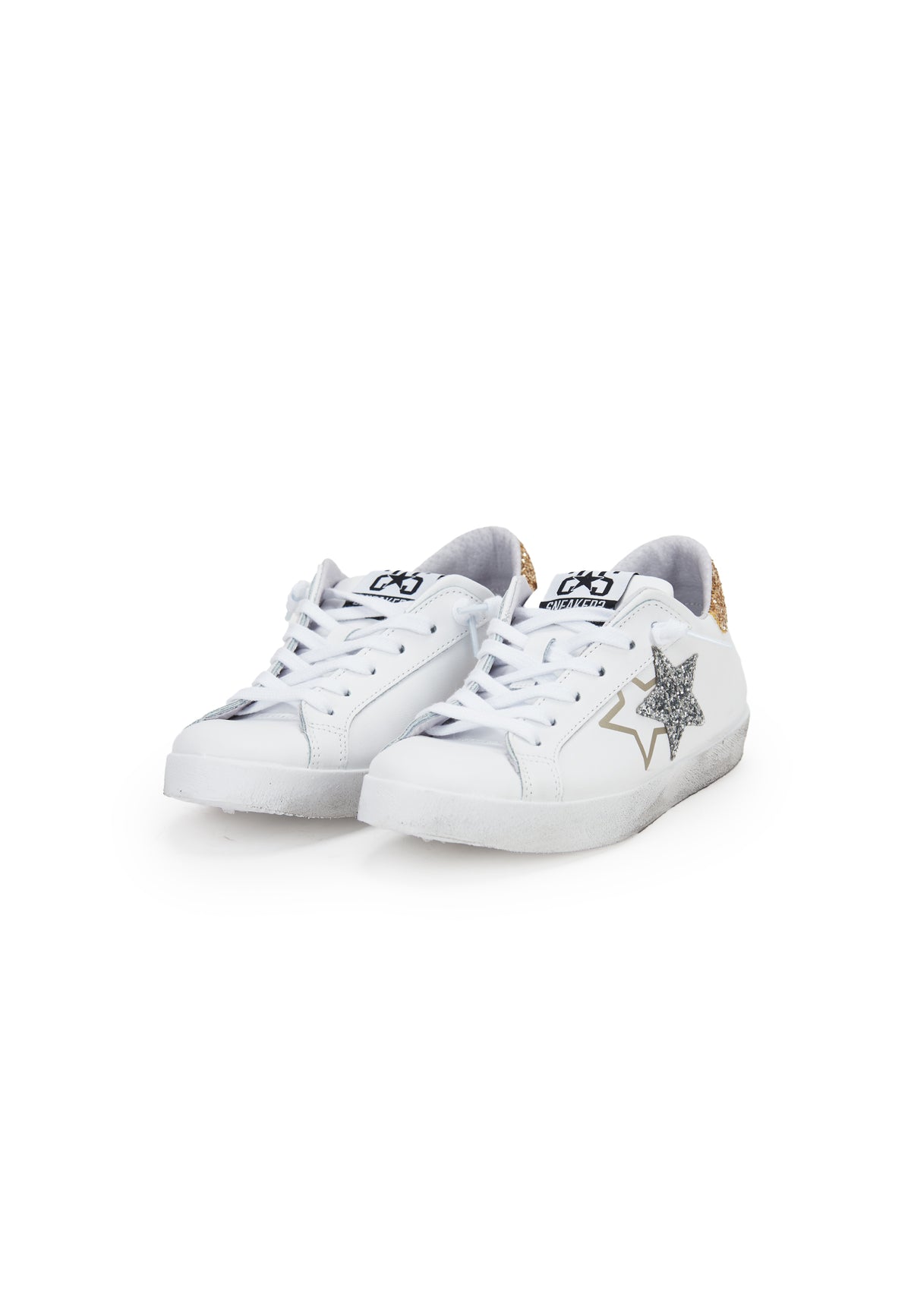 Sneaker prime star in pelle bianca con dettagli in pelle bianca con dettagli in glitter dorato e argentato 