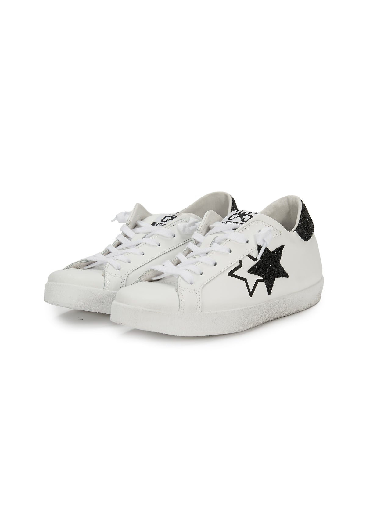 Sneaker prime star in pelle bianca con dettagli in pelle in glitter nero 