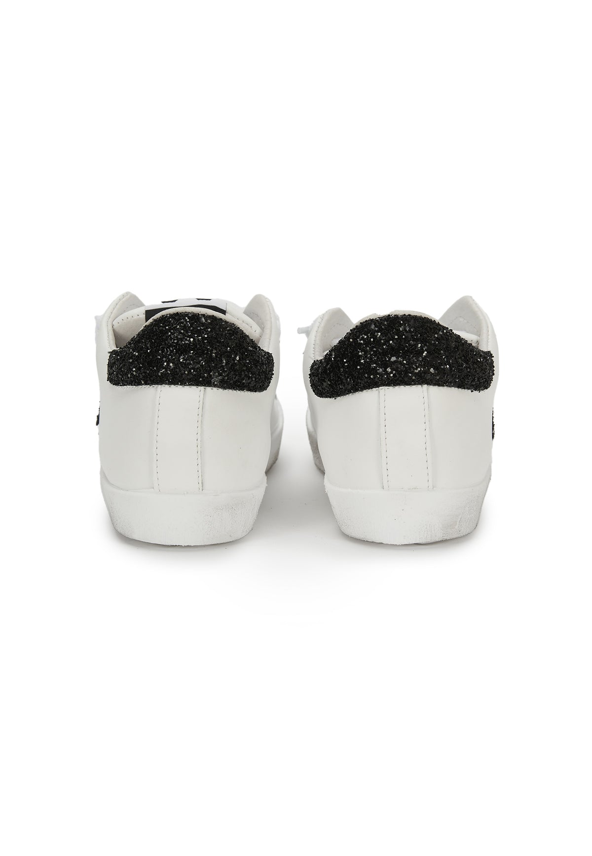 Sneaker prime star in pelle bianca con dettagli in pelle in glitter nero 
