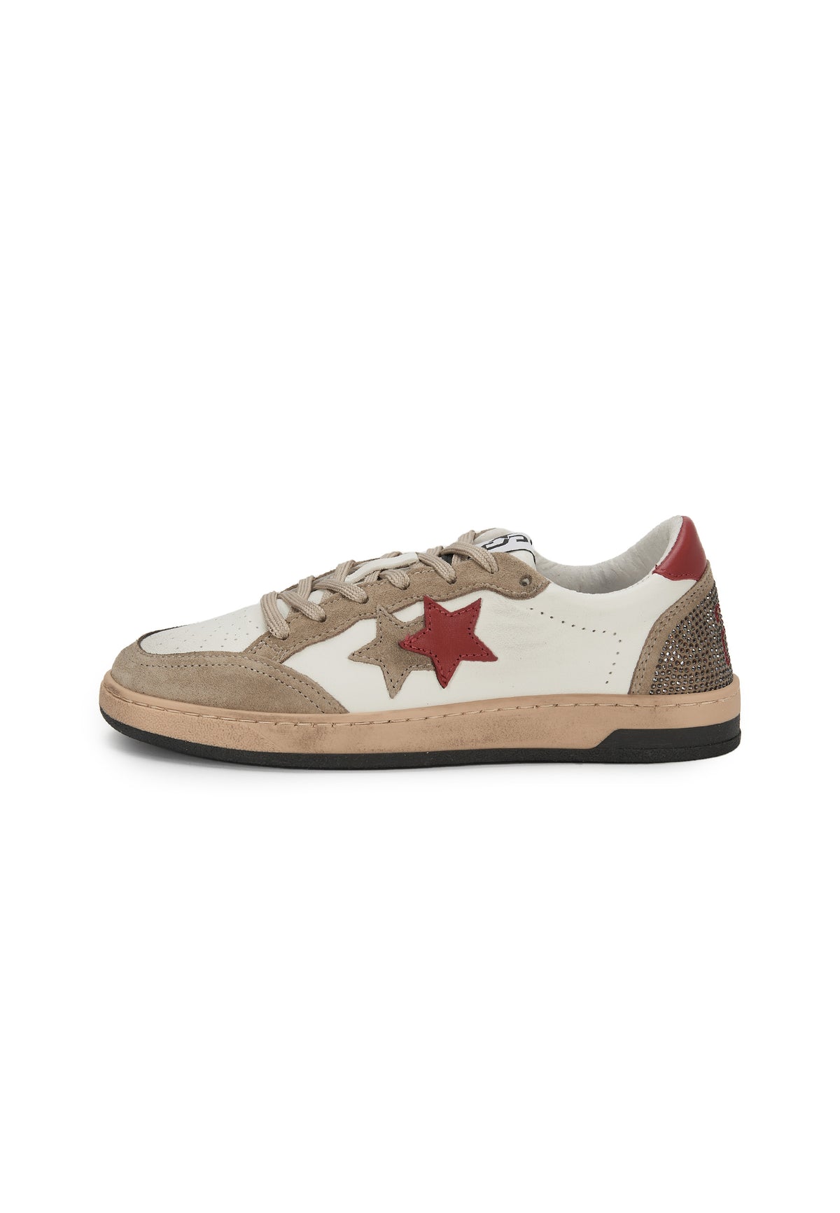 Sneaker Week Star In Pelle Bianca Con Dettagli Rossi e In Crosta Marrone Con Strass e Effetto Used 