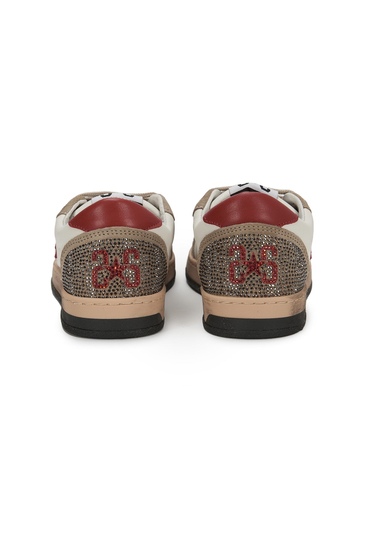 Sneaker Week Star In Pelle Bianca Con Dettagli Rossi e In Crosta Marrone Con Strass e Effetto Used 