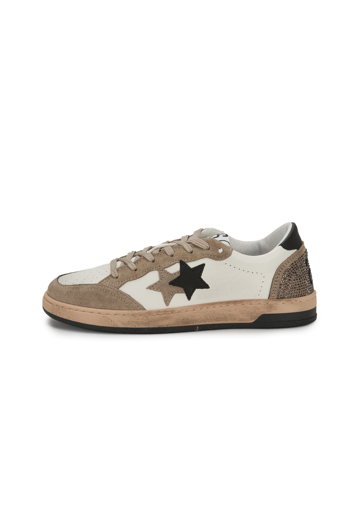 Sneaker Week Star In Pelle Bianca Con Dettagli Nerii e In Crosta Marrone Con Strass e Effetto Used 