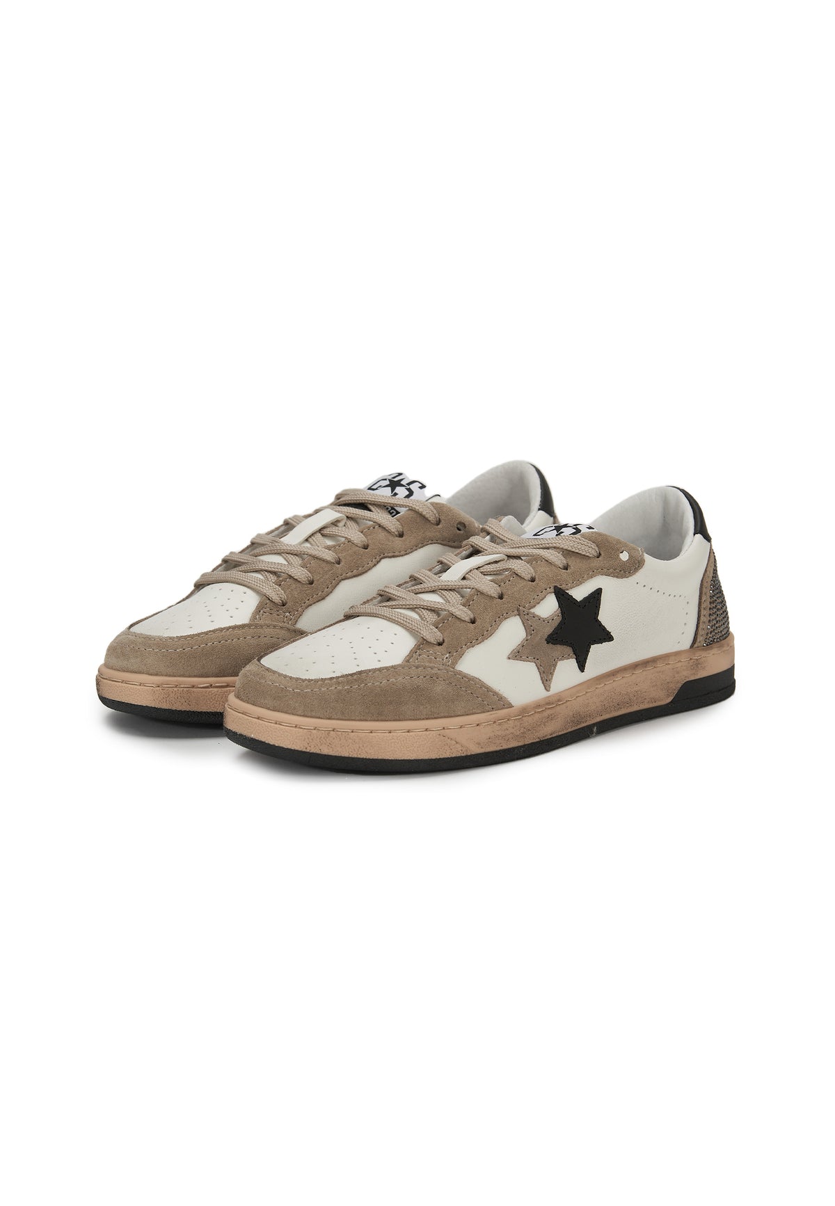 Sneaker Week Star In Pelle Bianca Con Dettagli Nerii e In Crosta Marrone Con Strass e Effetto Used 