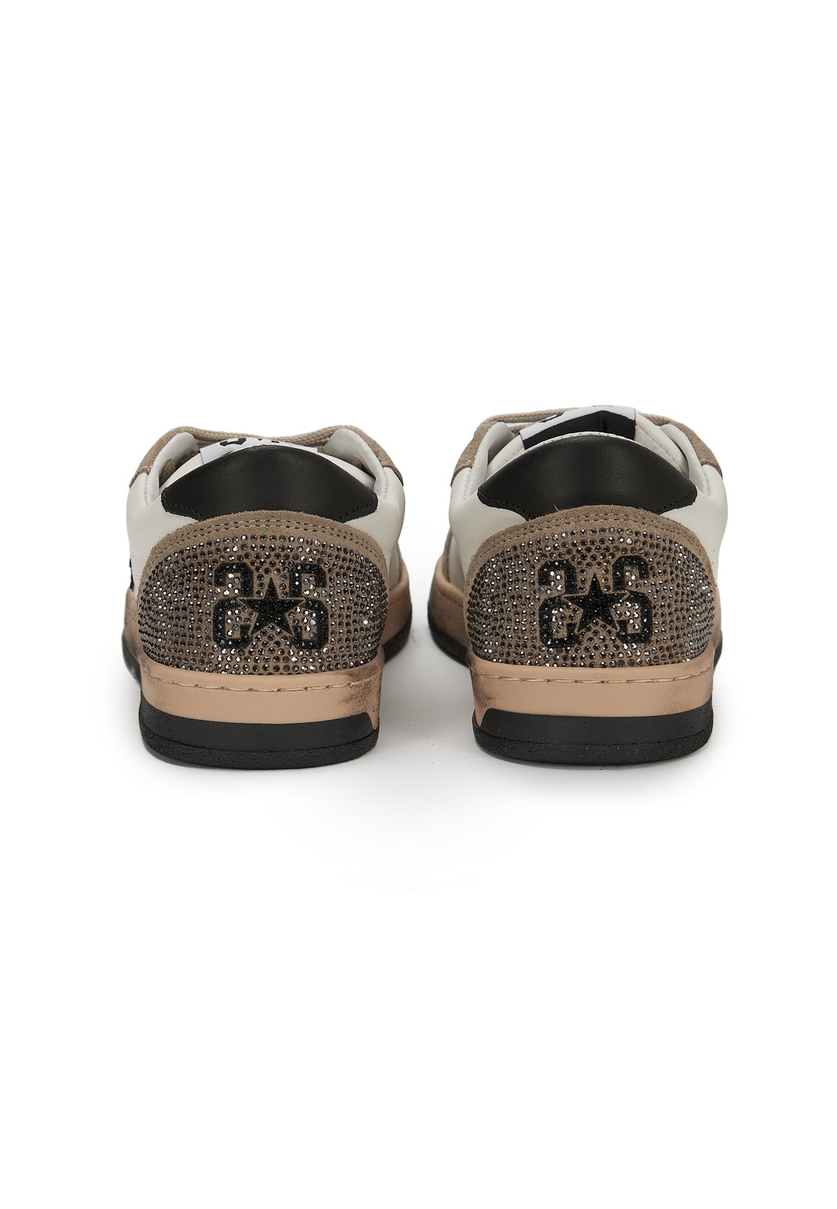 Sneaker Week Star In Pelle Bianca Con Dettagli Nerii e In Crosta Marrone Con Strass e Effetto Used 