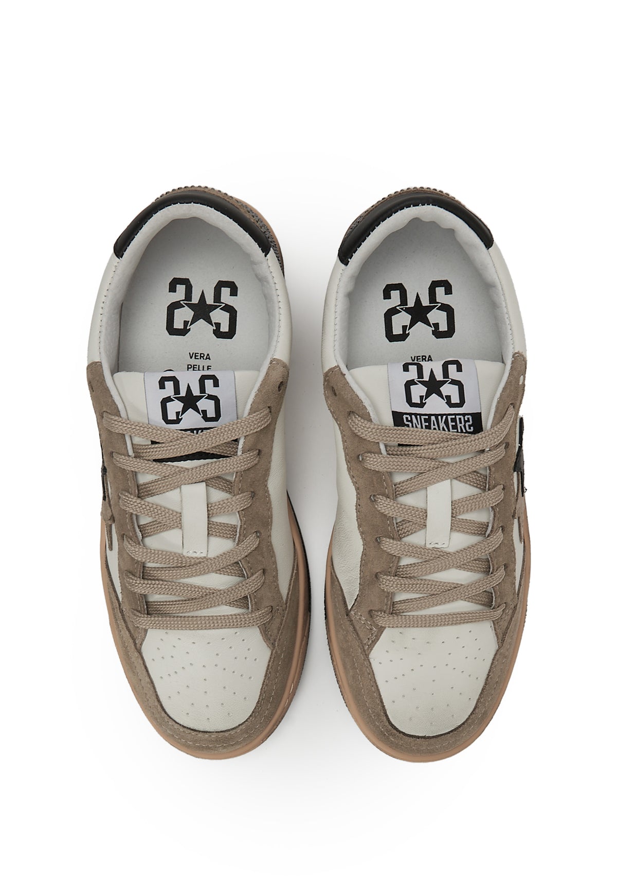 Sneaker Week Star In Pelle Bianca Con Dettagli Nerii e In Crosta Marrone Con Strass e Effetto Used 