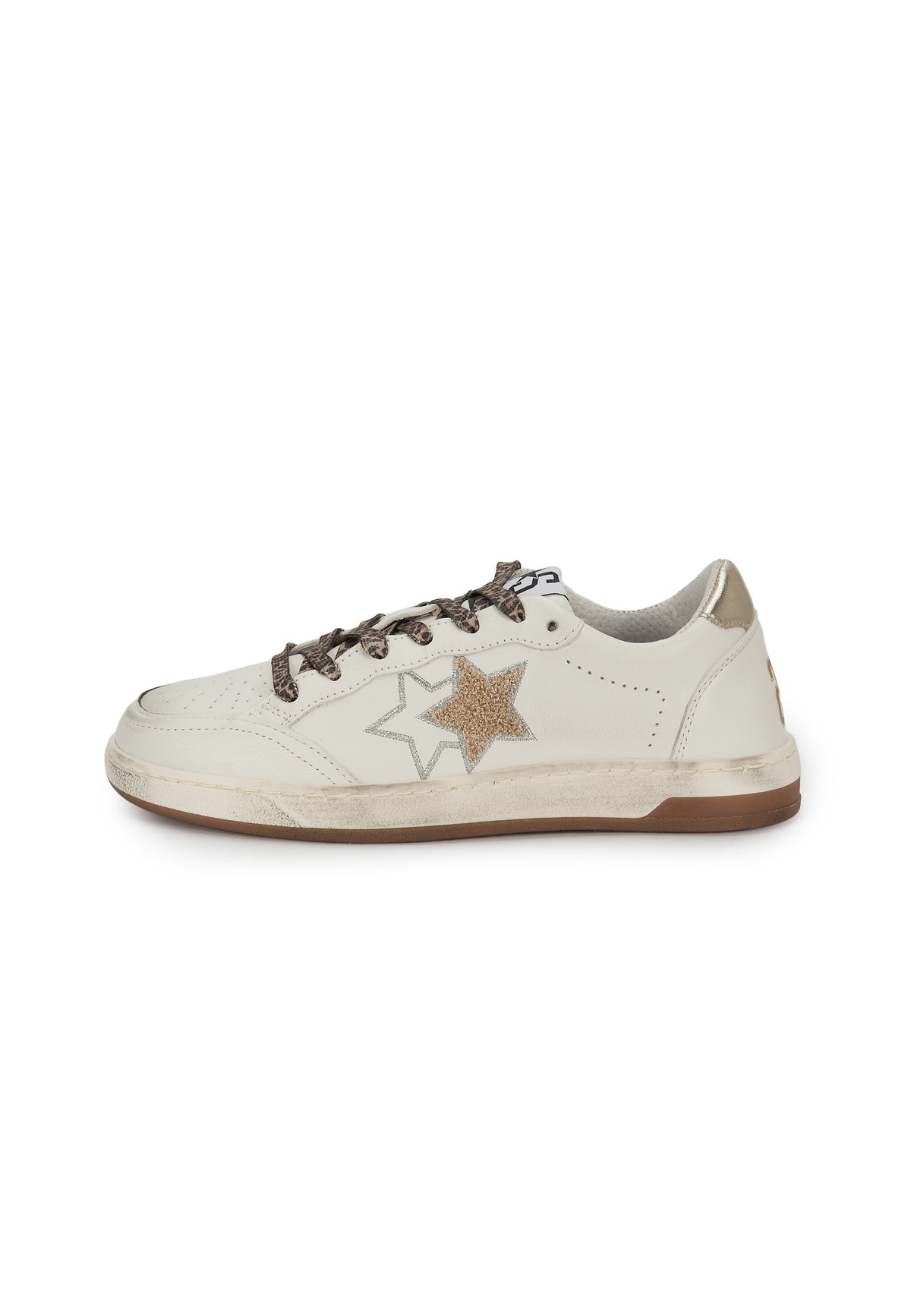 Sneaker Week Star In Pelle Bianca Con Dettagli Dorati e Leopardati Ed Effetto Used 