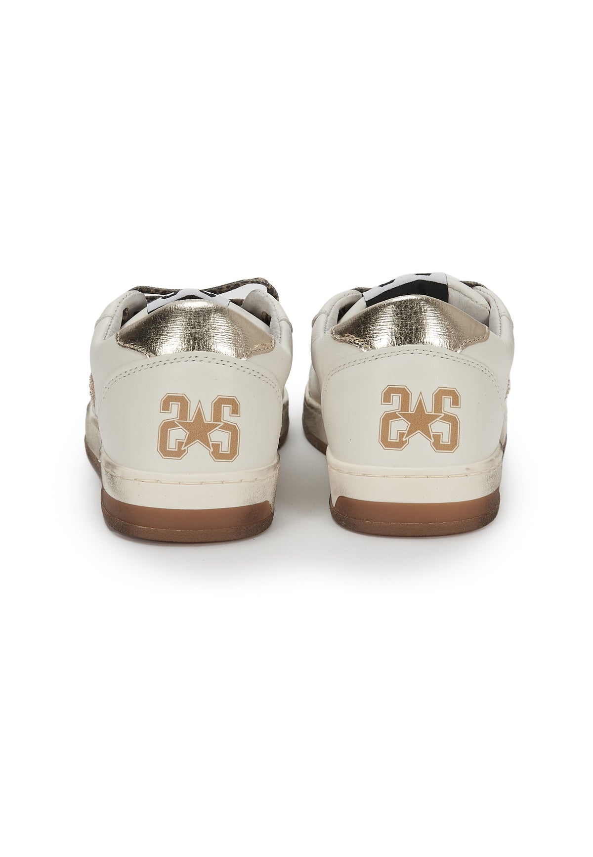 Sneaker Week Star In Pelle Bianca Con Dettagli Dorati e Leopardati Ed Effetto Used 