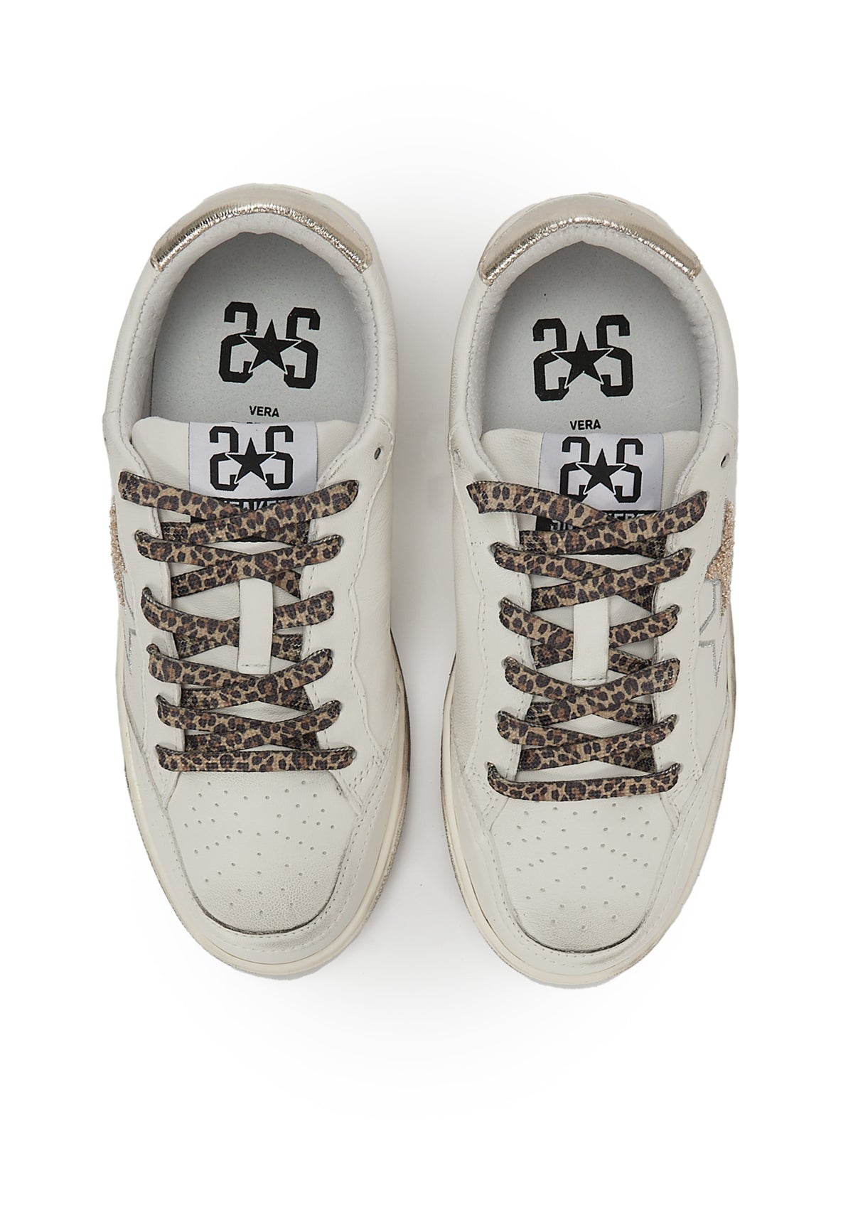 Sneaker Week Star In Pelle Bianca Con Dettagli Dorati e Leopardati Ed Effetto Used 