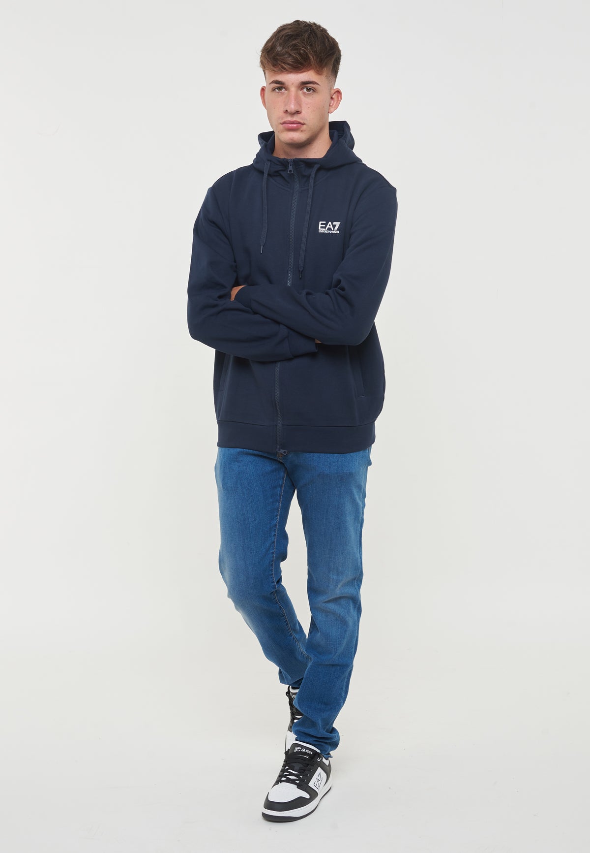 Felpa Con Cappuccio e Zip In Cotone Blue 