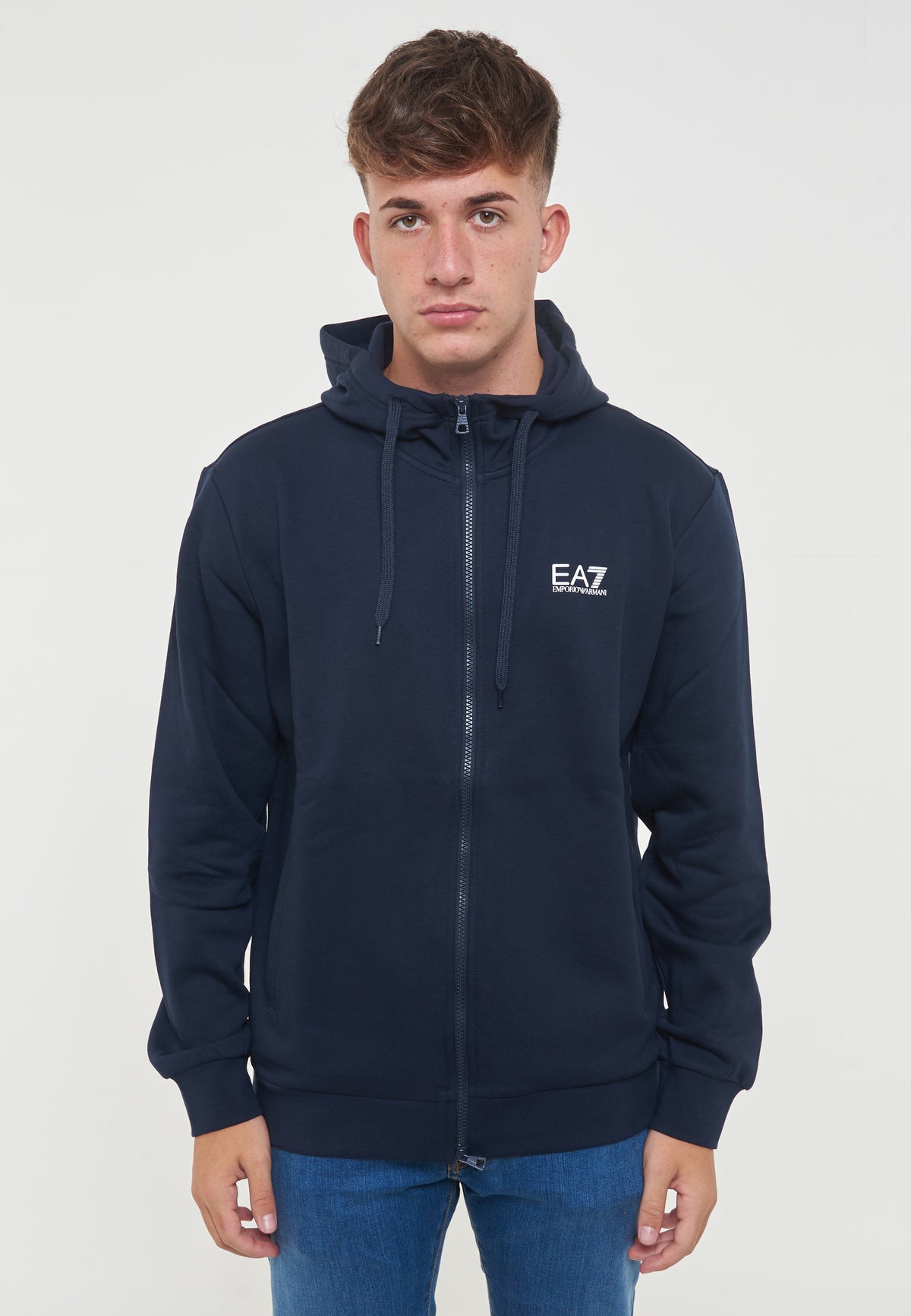 Felpa Con Cappuccio e Zip In Cotone Blue 