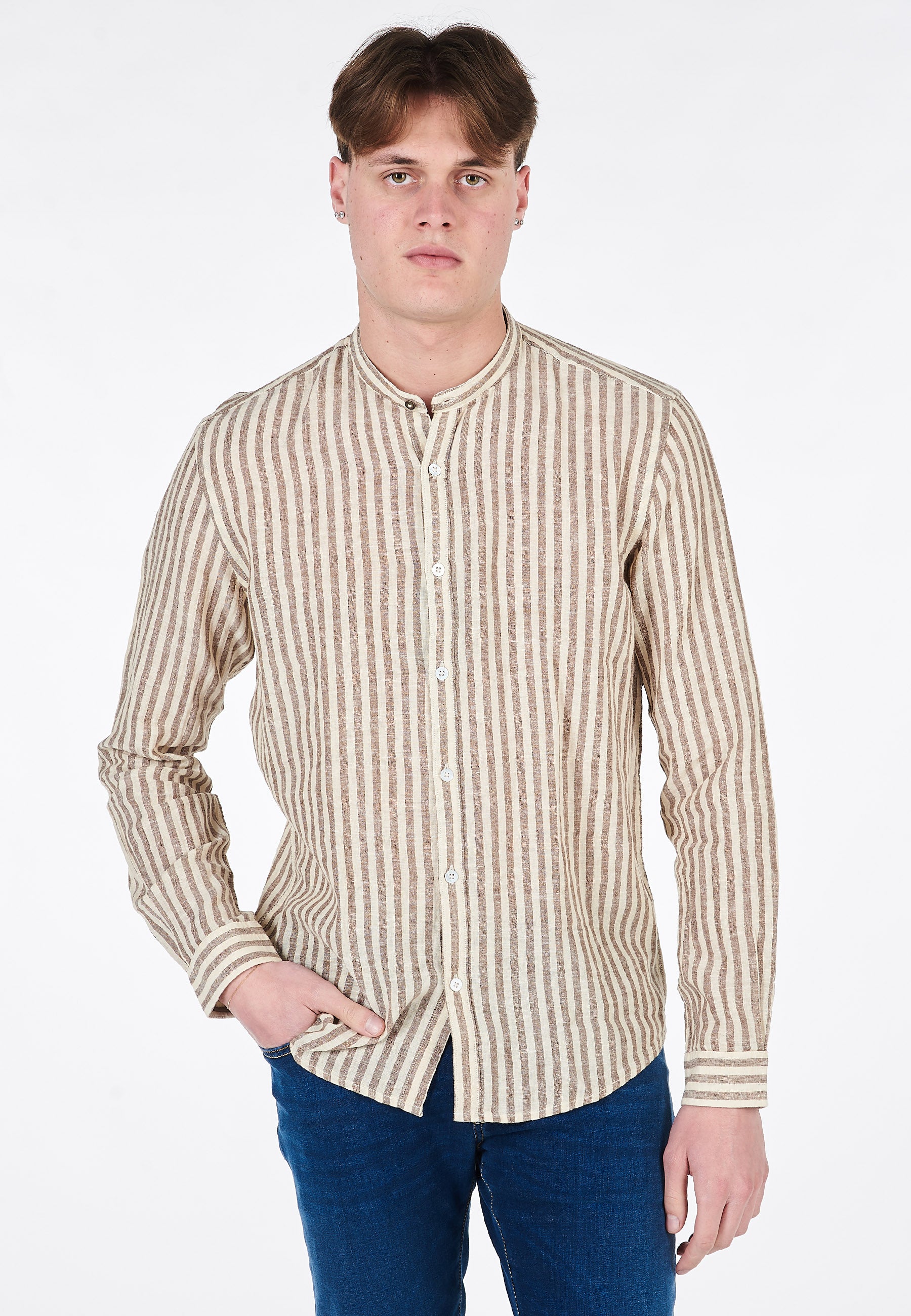 Camicia Coreana Alley Docks A Righe Misto Lino 