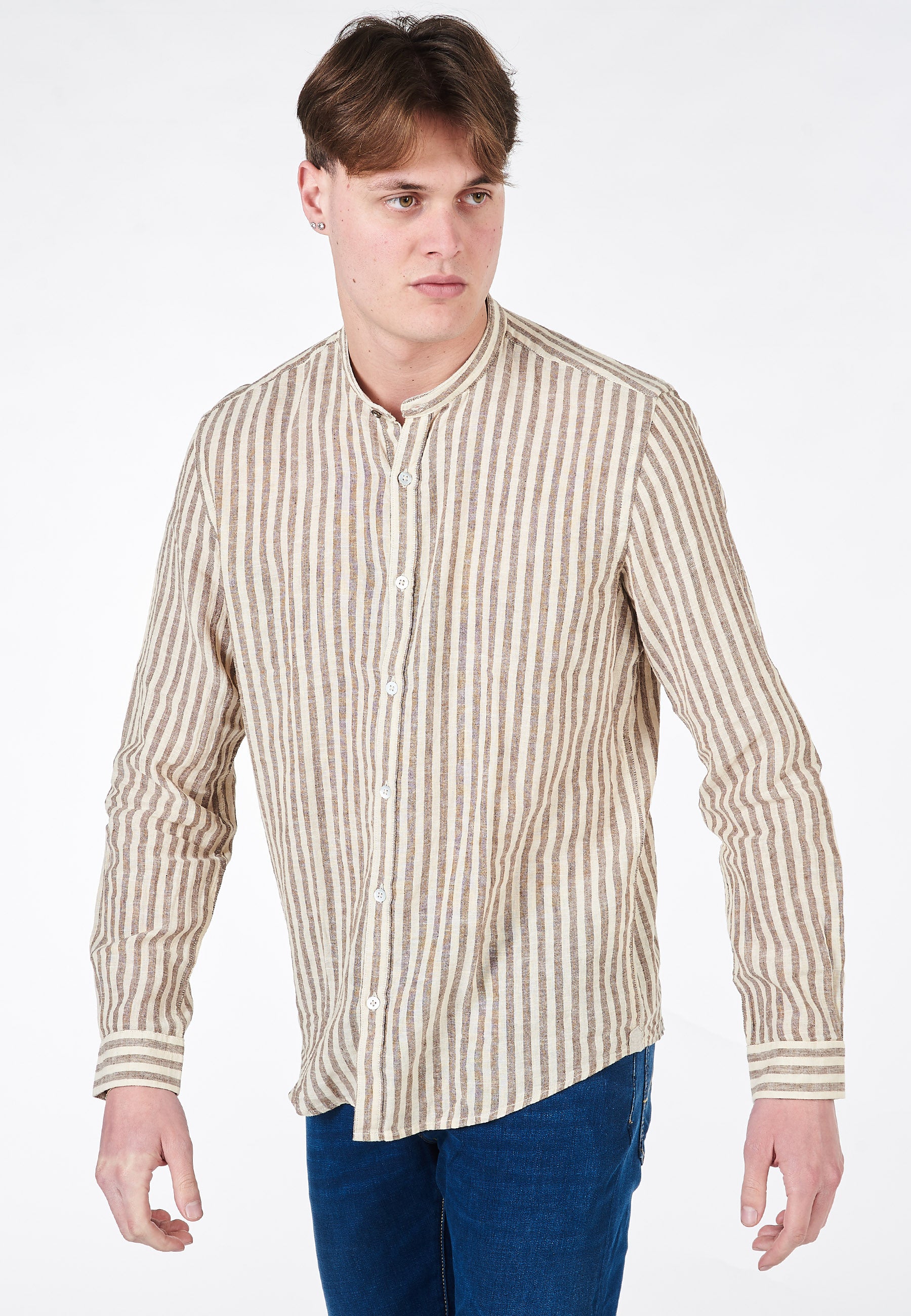 Camicia Coreana Alley Docks A Righe Misto Lino 