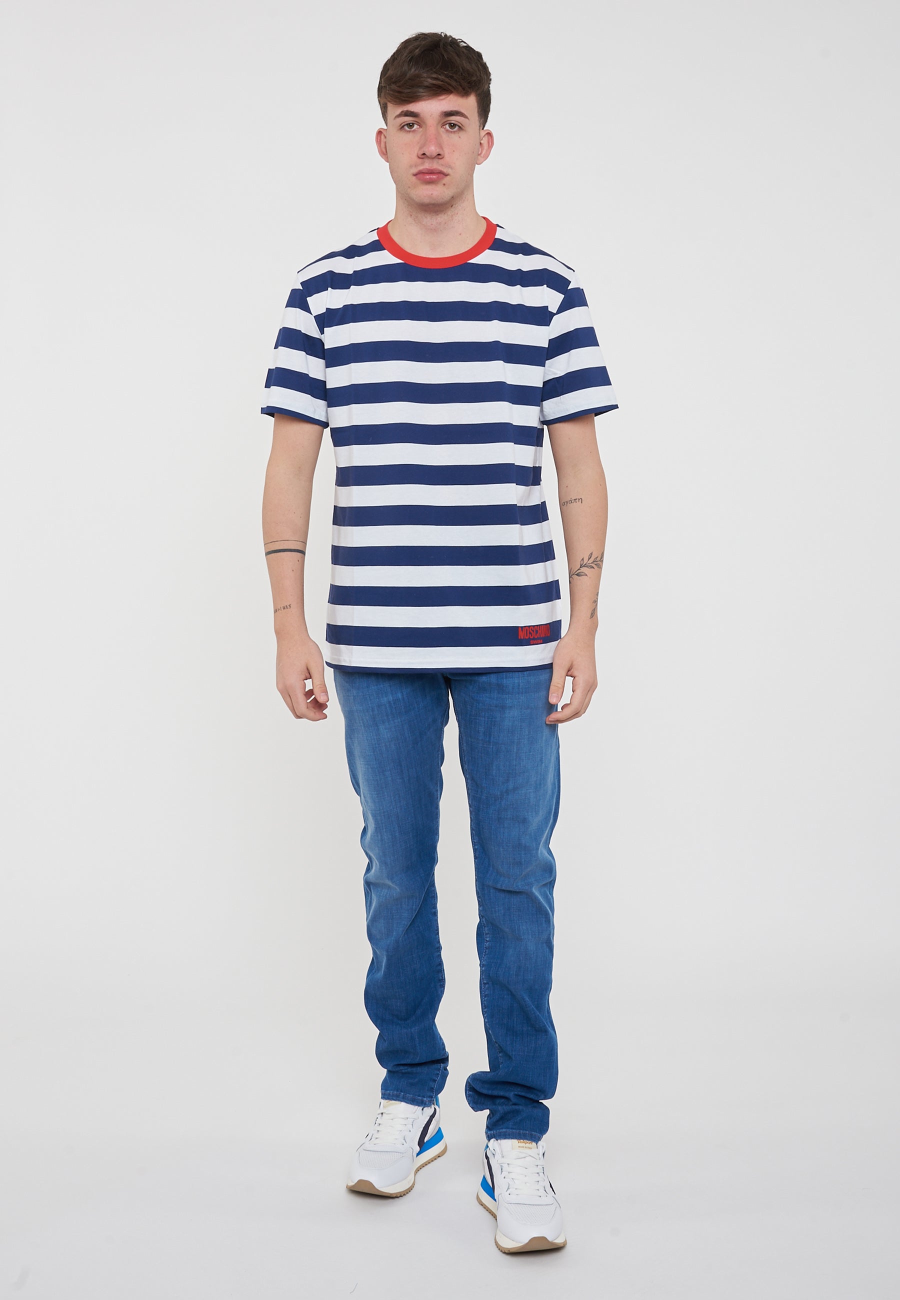 T-Shirt Uomo A Righe Bianco Blu 