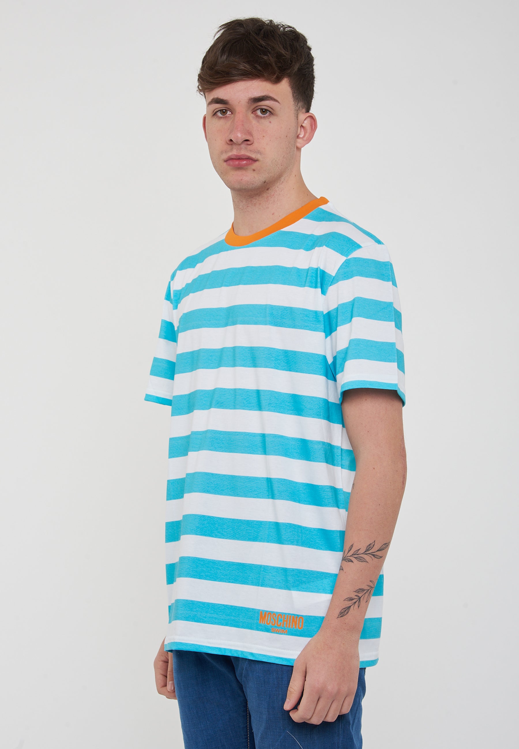 T-Shirt Uomo A Righe Bianco Azzurro 