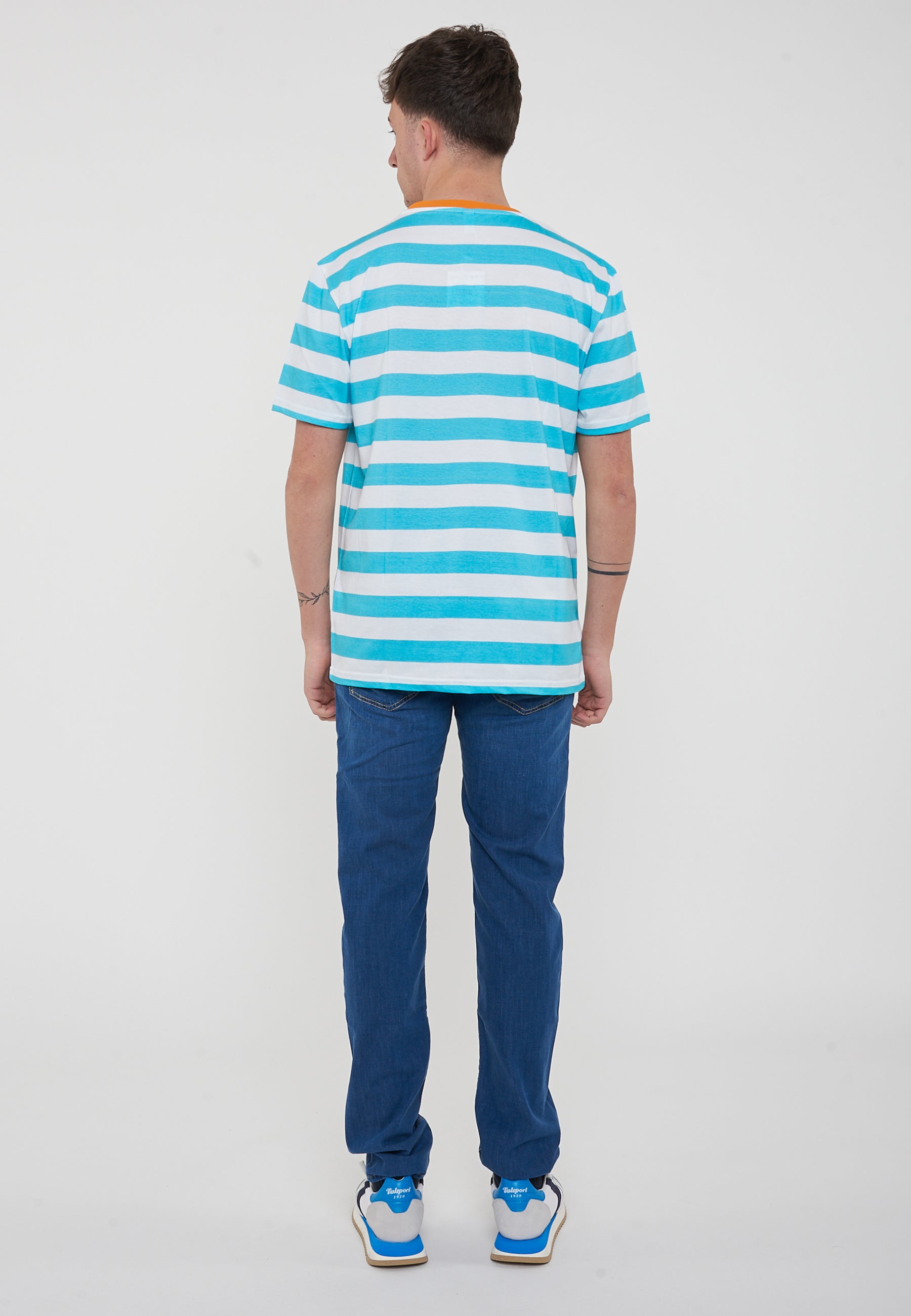 T-Shirt Uomo A Righe Bianco Azzurro 