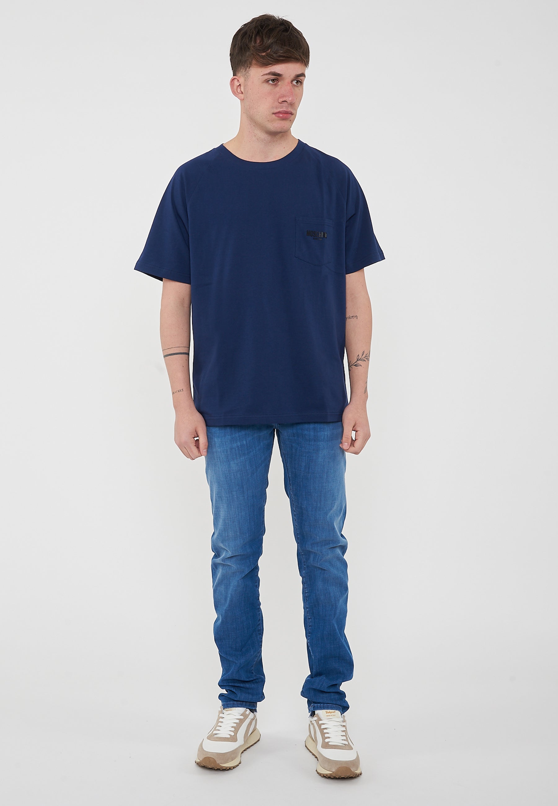T-Shirt Uomo Tinta Unita Con Logo E Taschino Blu 