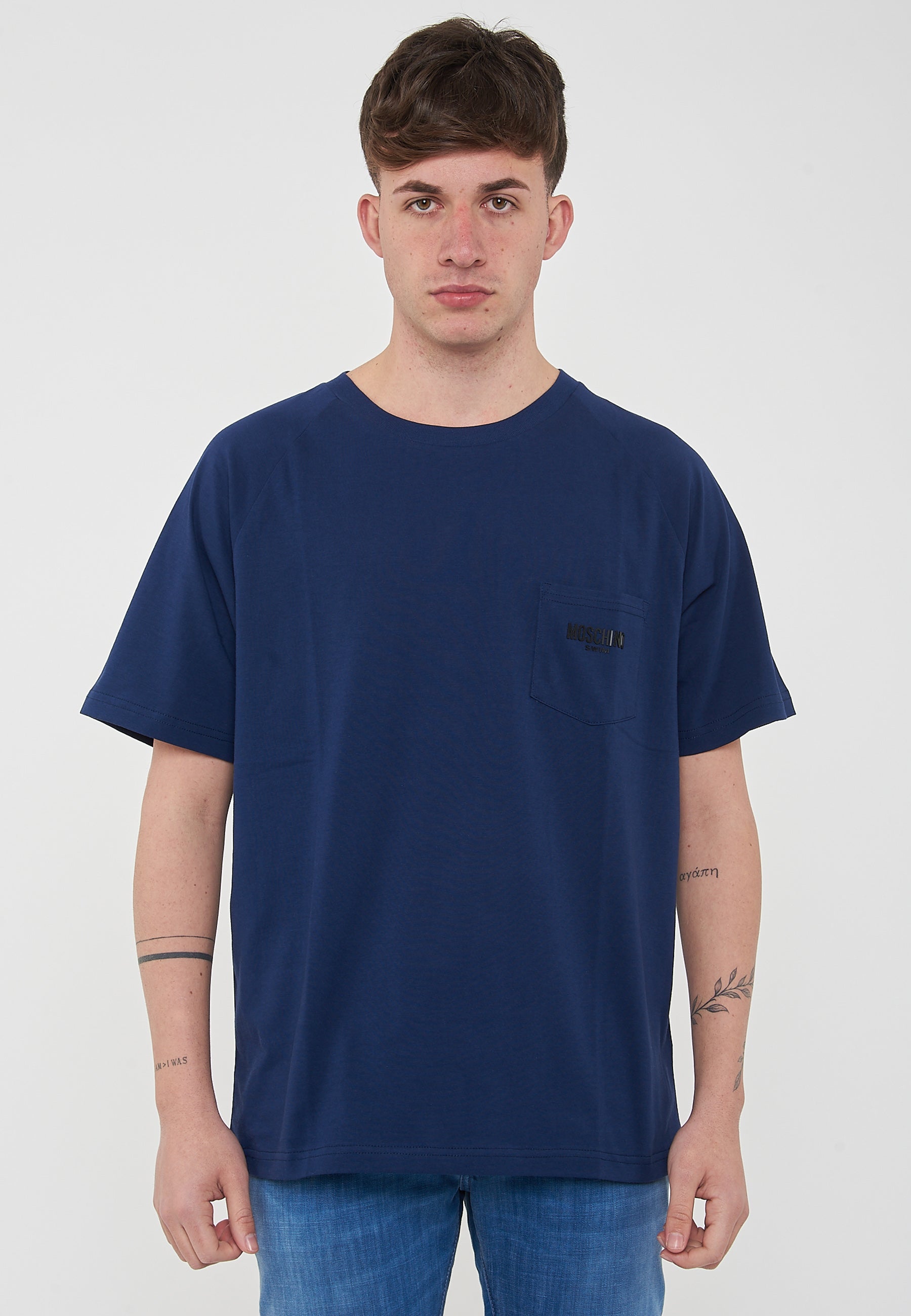 T-Shirt Uomo Tinta Unita Con Logo E Taschino Blu 