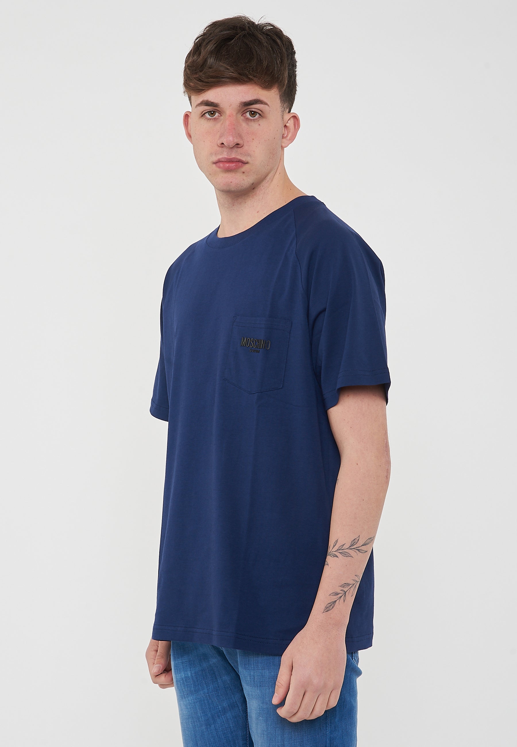 T-Shirt Uomo Tinta Unita Con Logo E Taschino Blu 