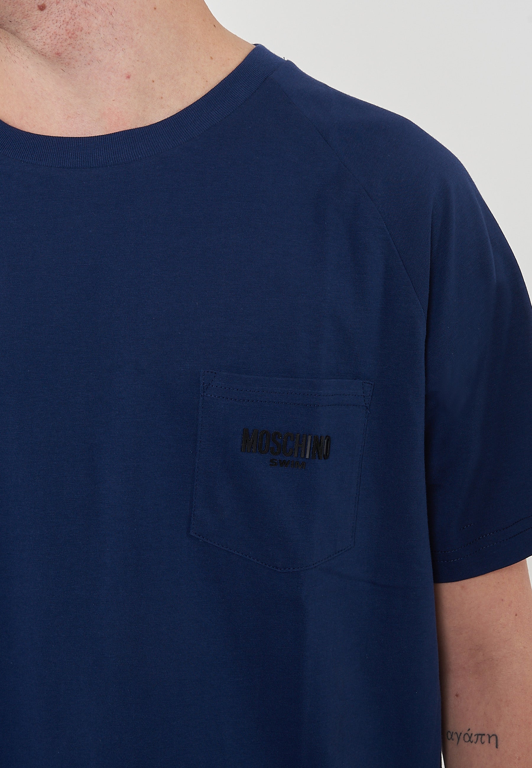 T-Shirt Uomo Tinta Unita Con Logo E Taschino Blu 