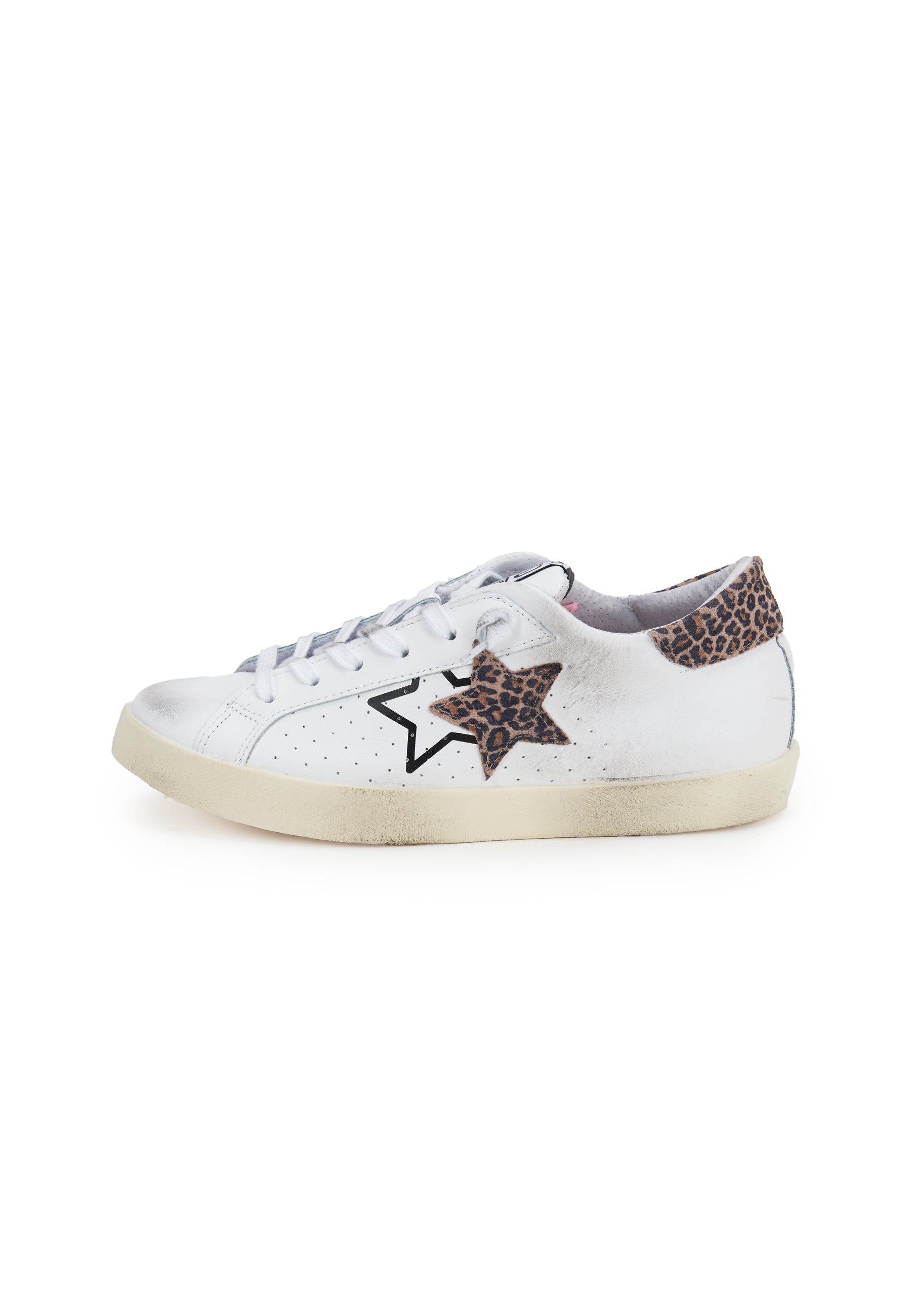 Sneaker prime star in pelle bianca con dettagli in pelle con dettagli in crosta leopardata ed effeto used 
