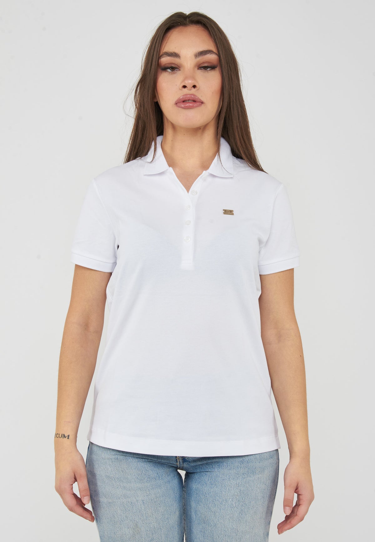 Polo jersey di cotone stretch con logo in metallo Core Lady White 